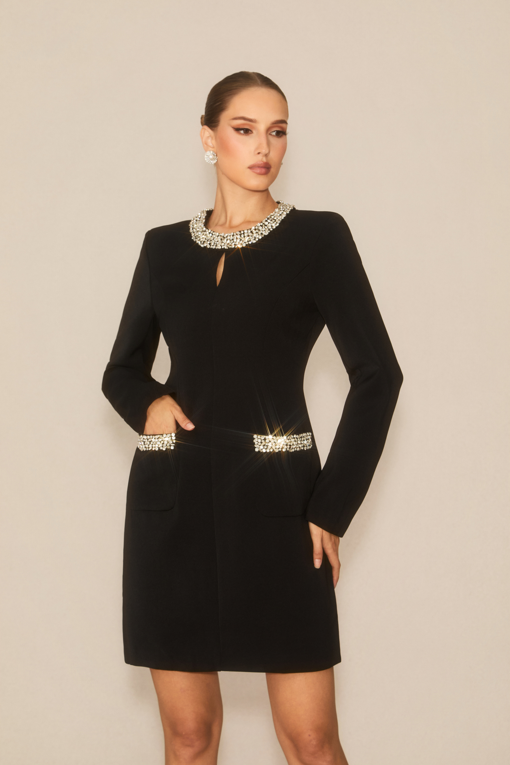 Gorgeous Darling Black Crystal Trim Mini Dress-purelyfable