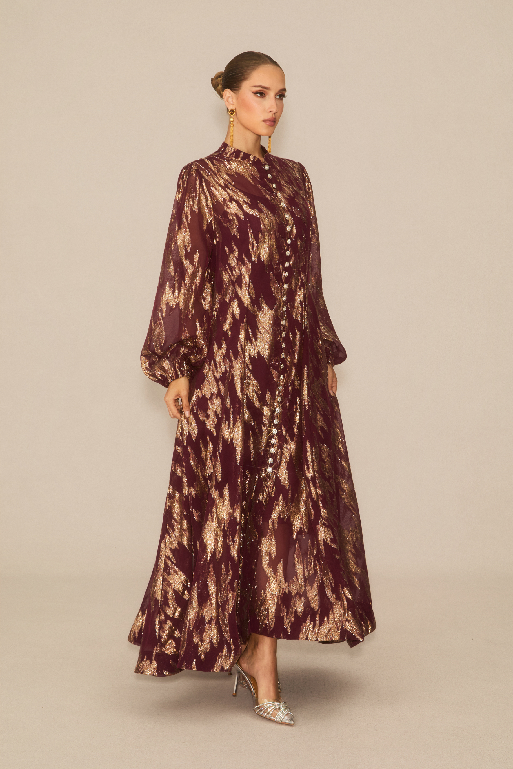 Aitana Metallic Print Puff Sleeve Maxi Dress-purelyfable