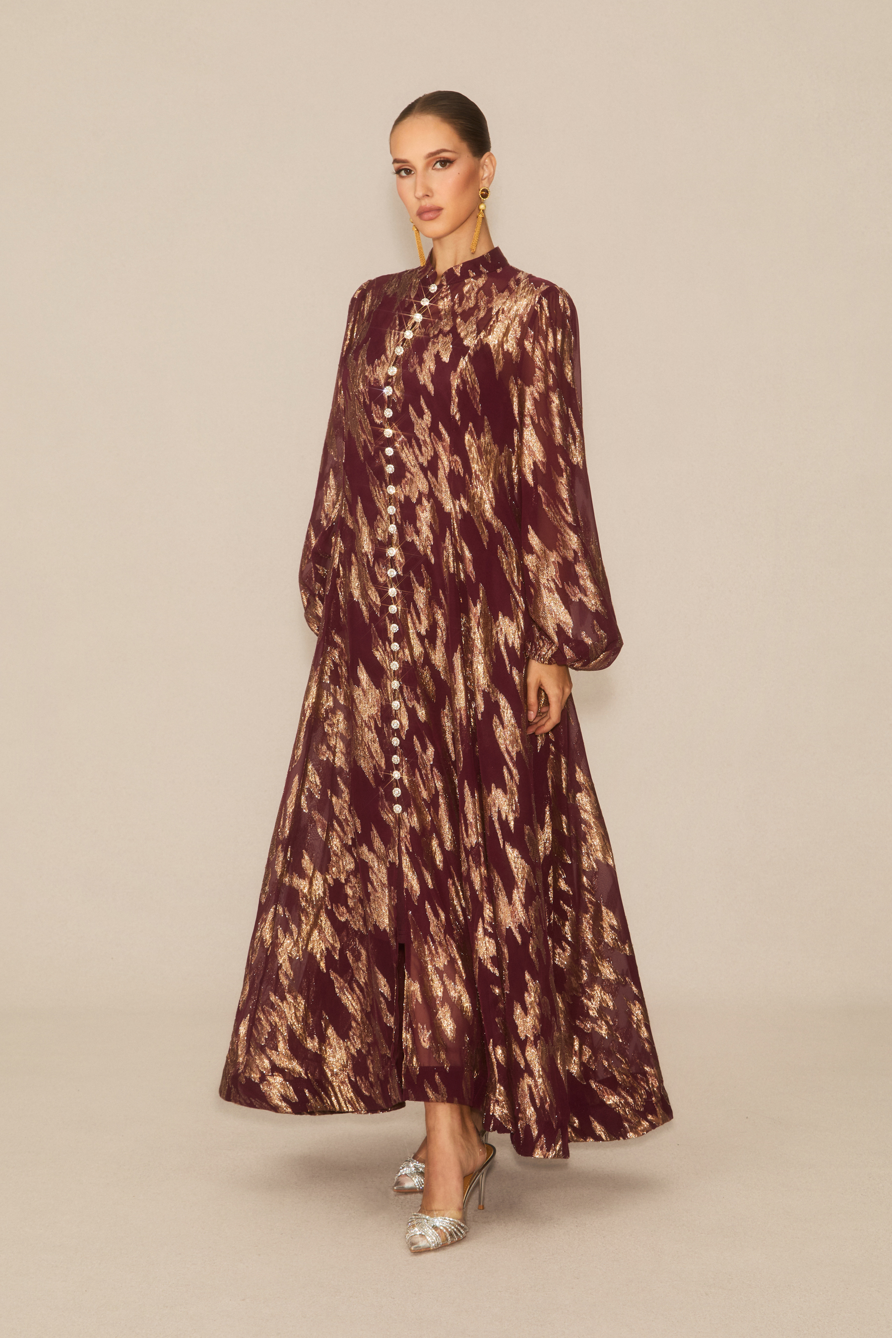 Aitana Metallic Print Puff Sleeve Maxi Dress-purelyfable