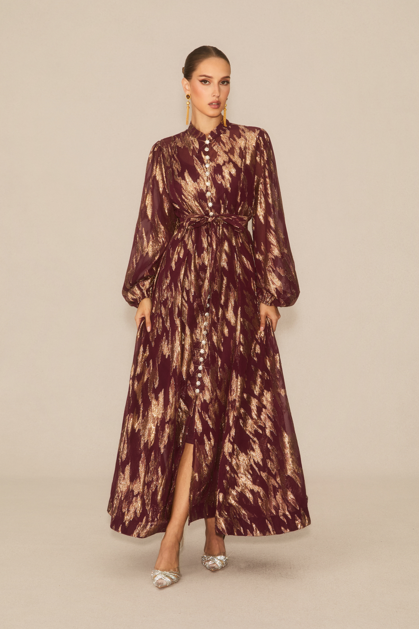 Aitana Metallic Print Puff Sleeve Maxi Dress-purelyfable