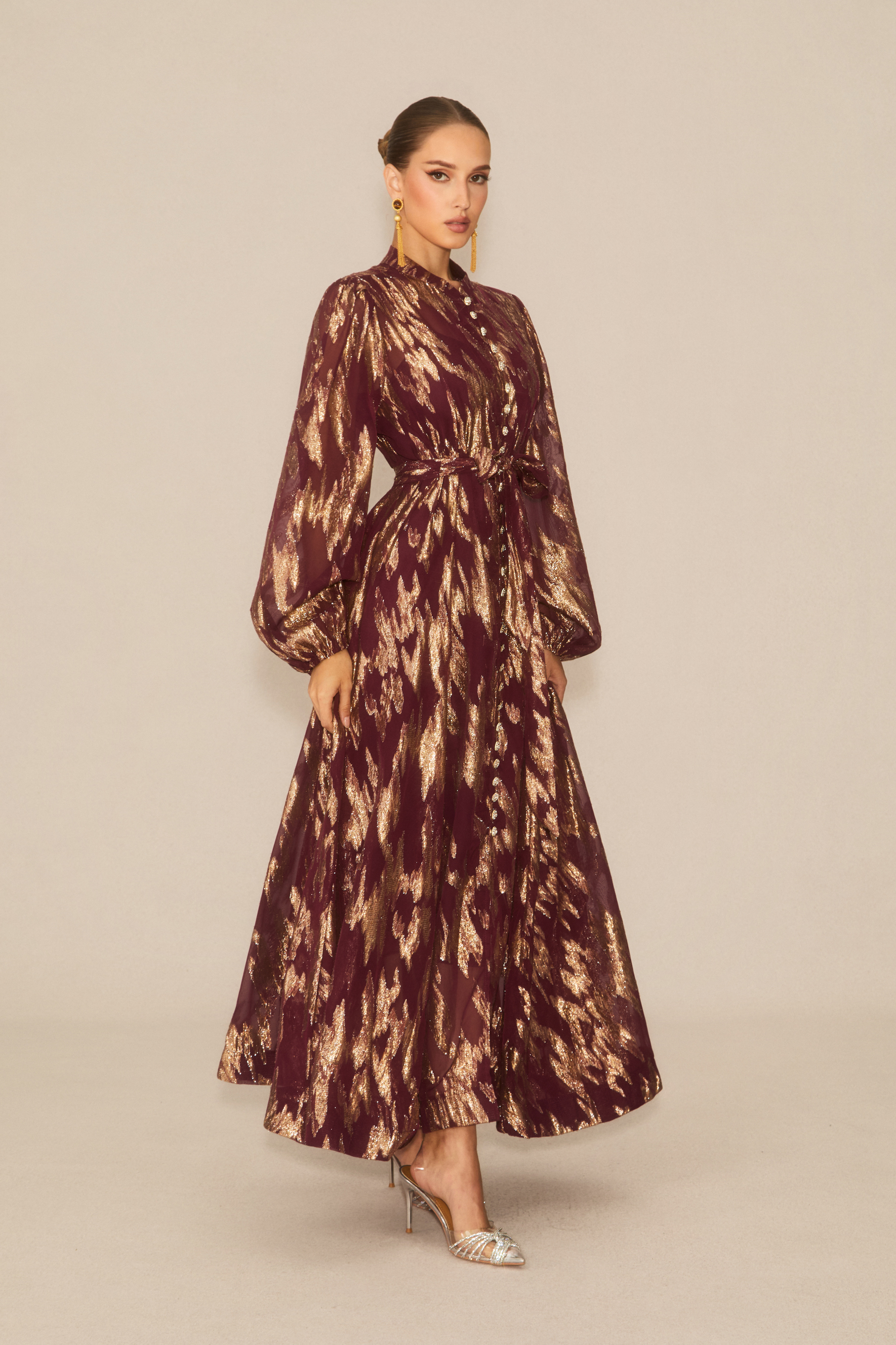 Aitana Metallic Print Puff Sleeve Maxi Dress-purelyfable