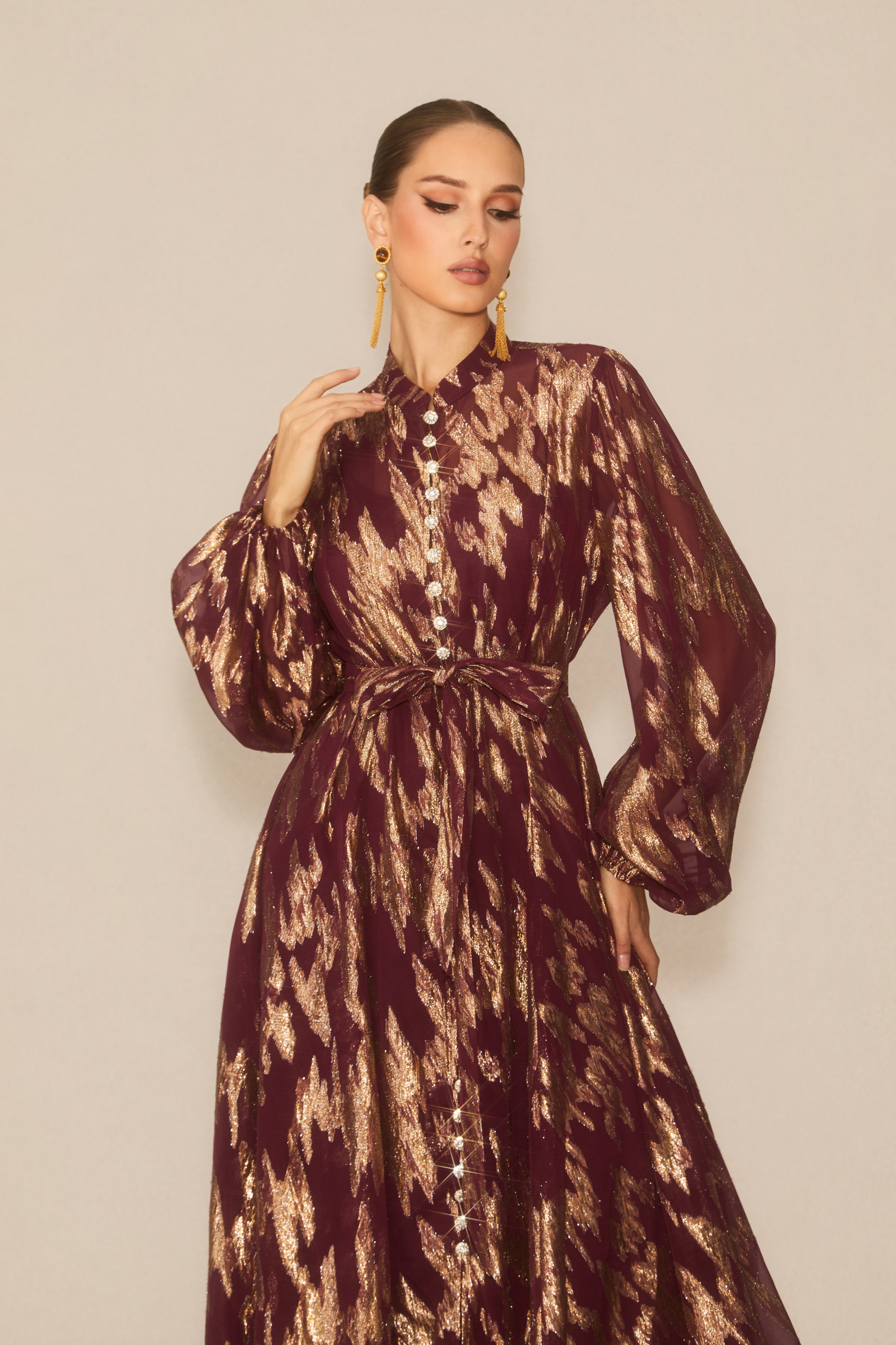Aitana Metallic Print Puff Sleeve Maxi Dress-purelyfable