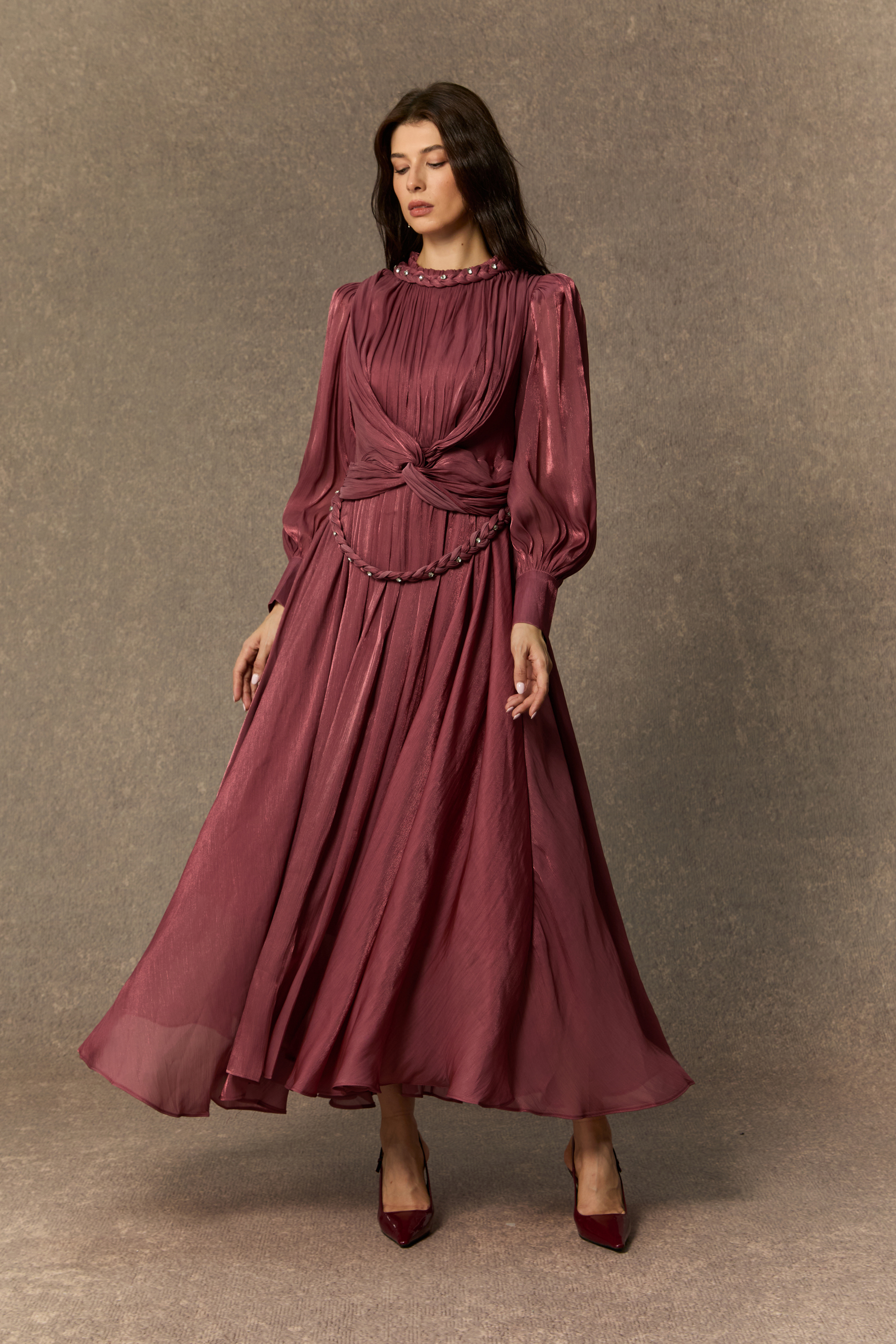 Irresistible Style Dark Pink Braided Detail Lantern Sleeve Maxi Dress-purelyfable