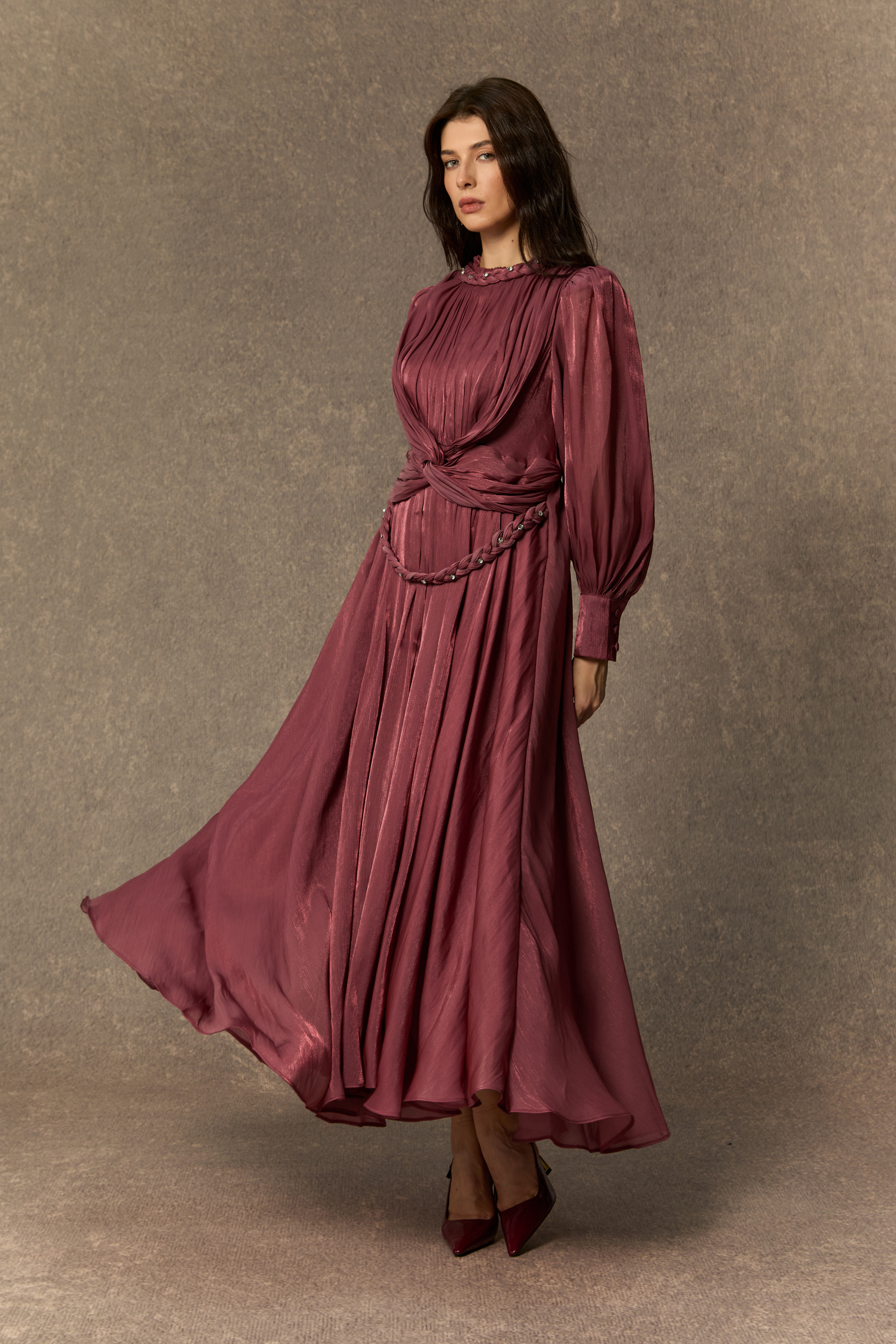 Irresistible Style Dark Pink Braided Detail Lantern Sleeve Maxi Dress-purelyfable