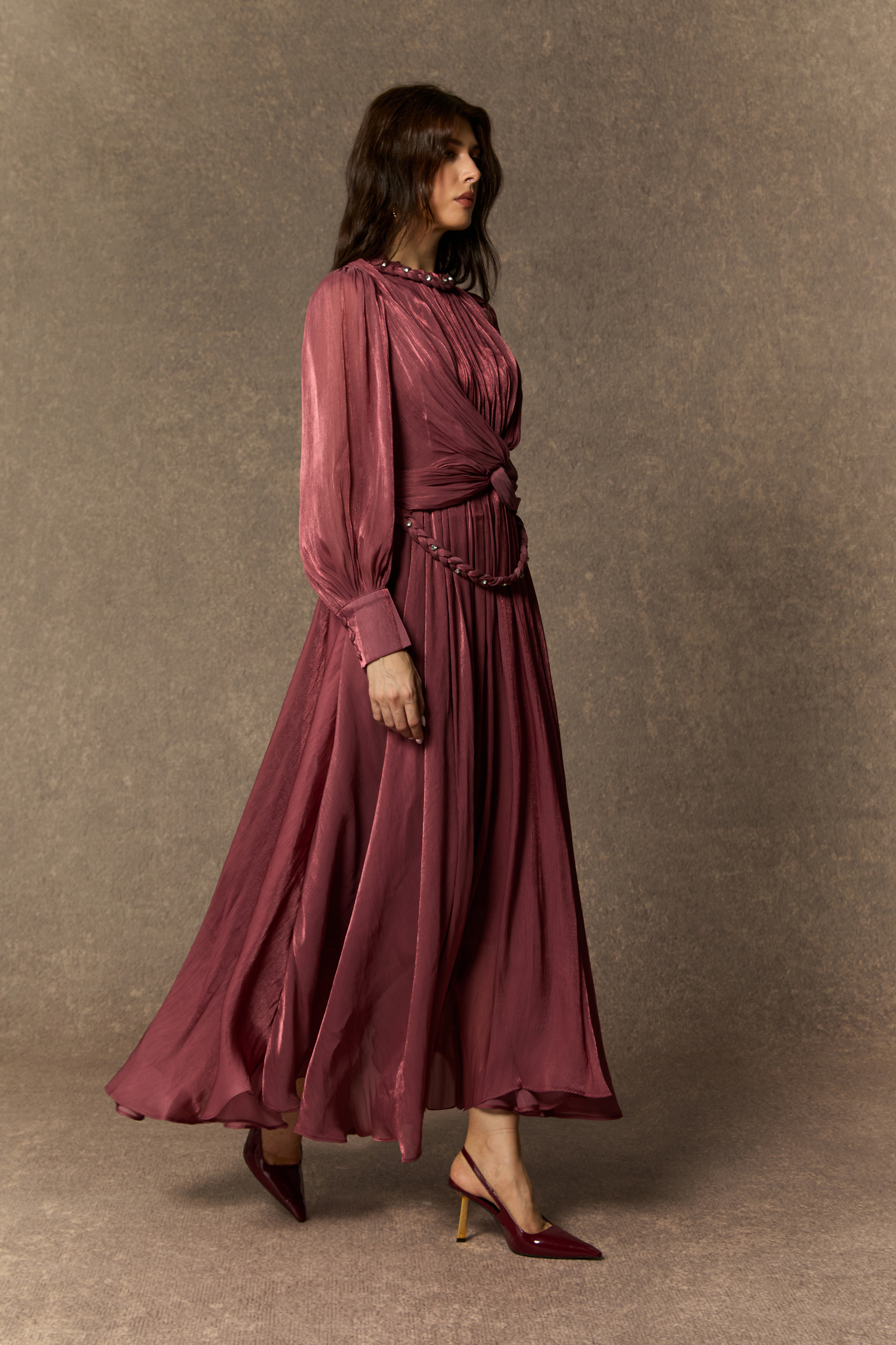 Irresistible Style Dark Pink Braided Detail Lantern Sleeve Maxi Dress-purelyfable