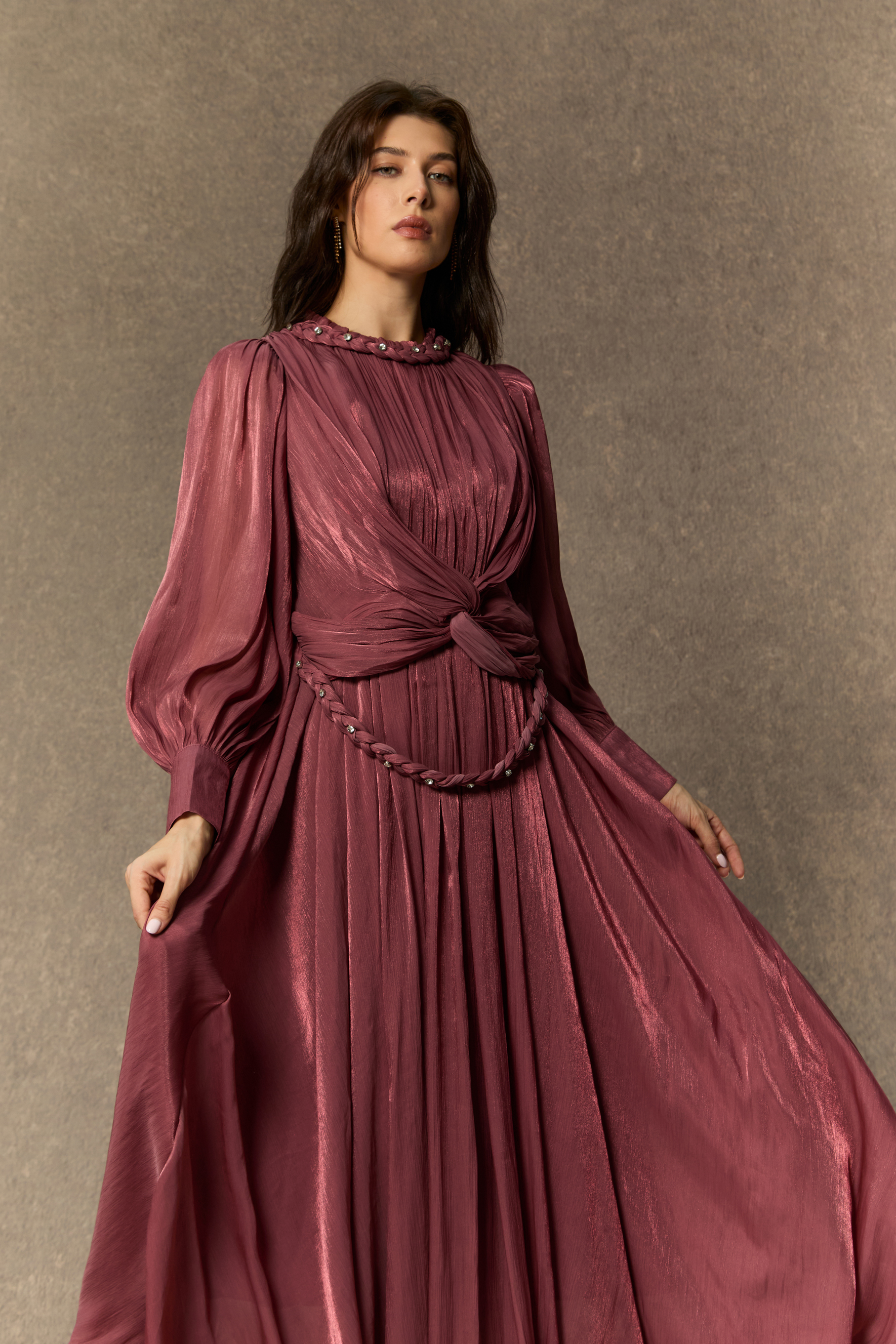 Irresistible Style Dark Pink Braided Detail Lantern Sleeve Maxi Dress-purelyfable