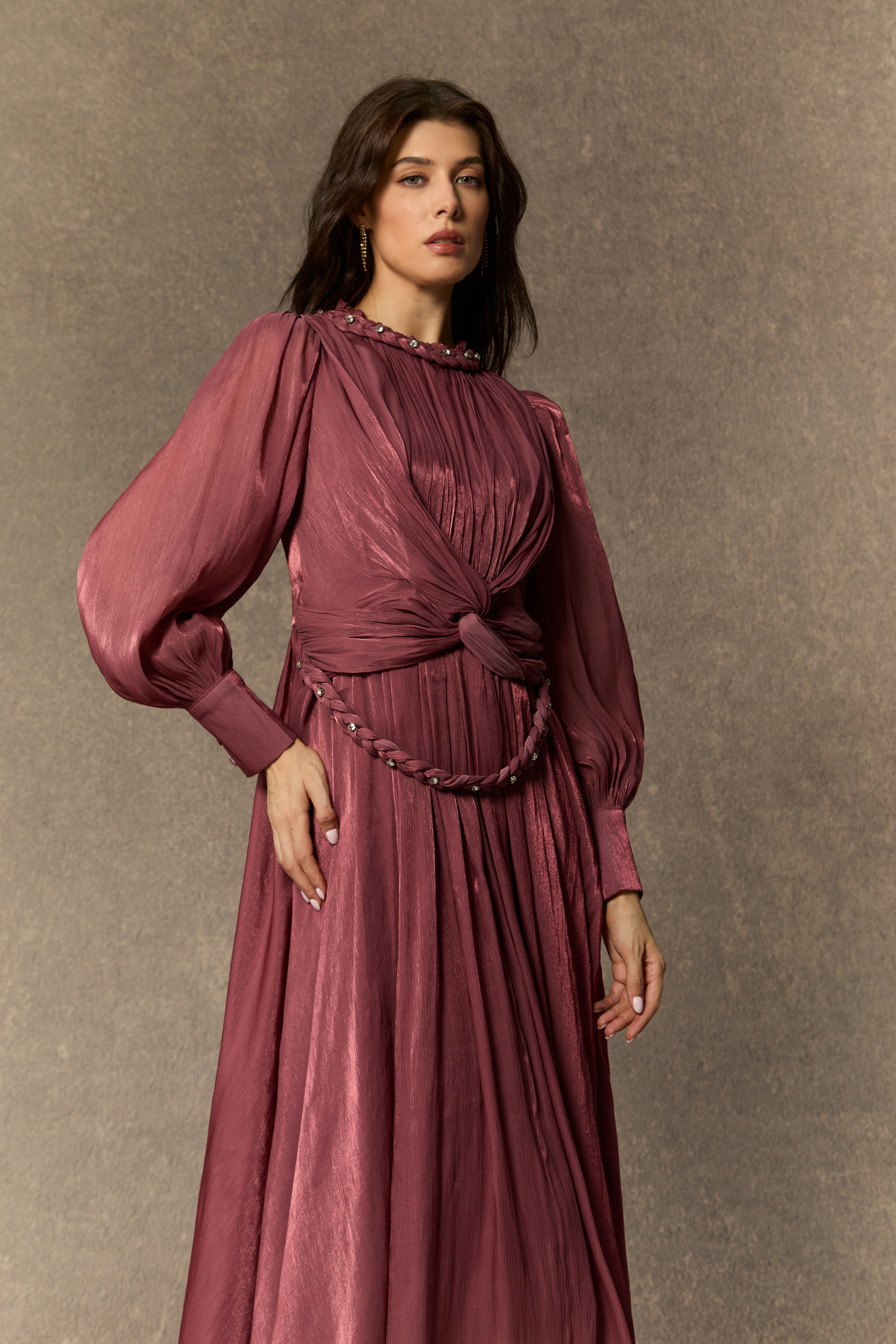 Irresistible Style Dark Pink Braided Detail Lantern Sleeve Maxi Dress-purelyfable