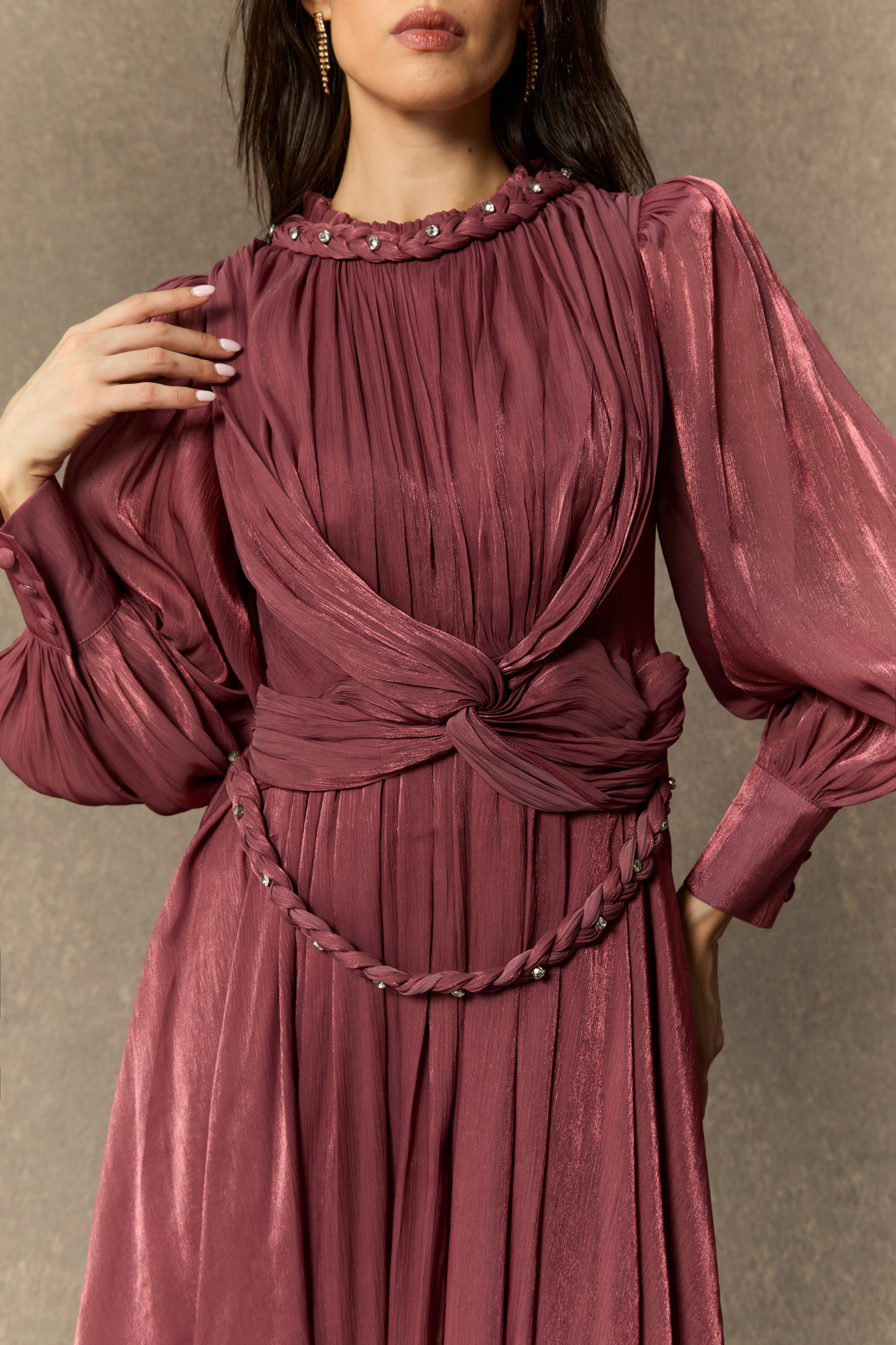 Irresistible Style Dark Pink Braided Detail Lantern Sleeve Maxi Dress-purelyfable