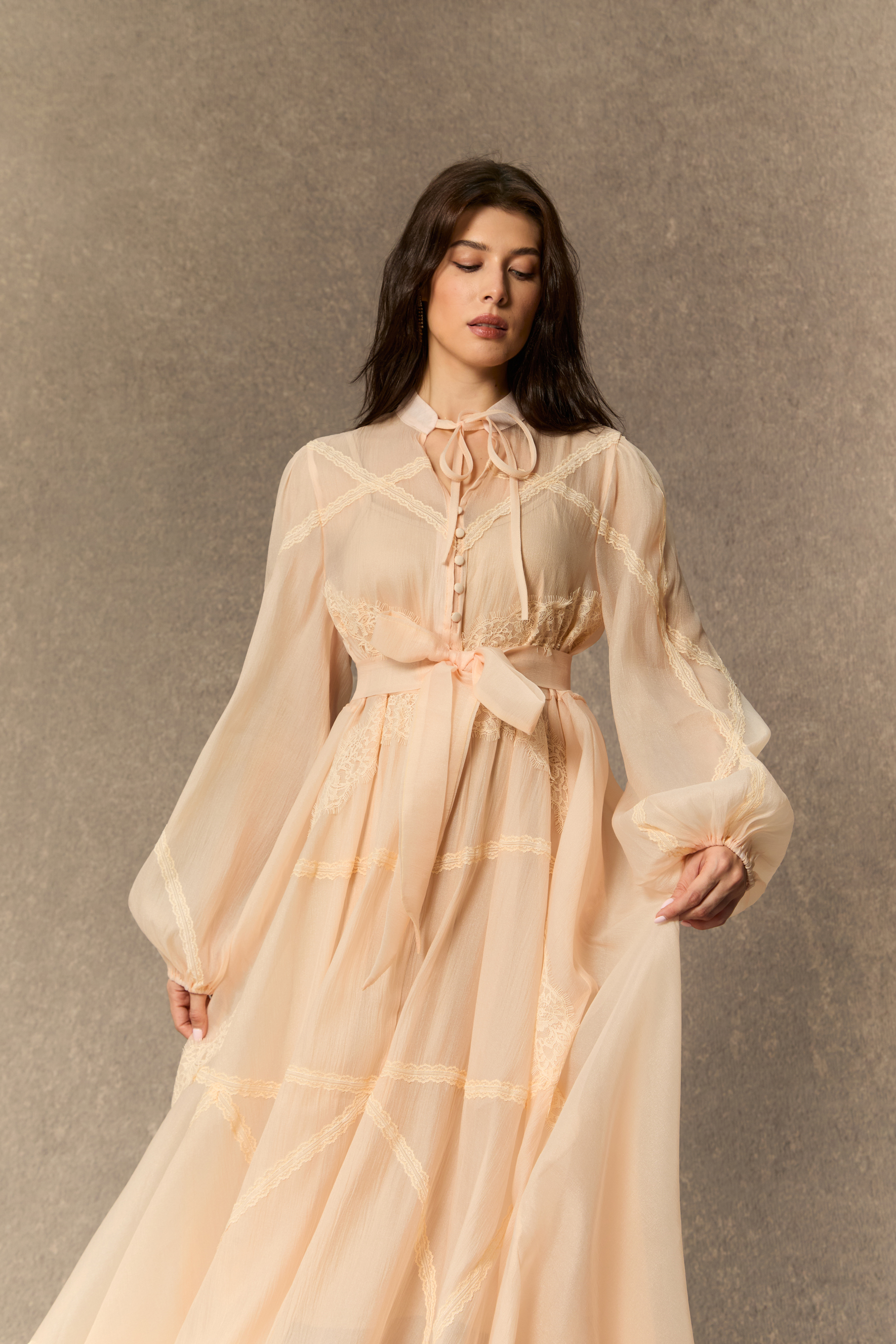 Lovely Details Beige Tie Neck Lace Panel Maxi Dress-purelyfable