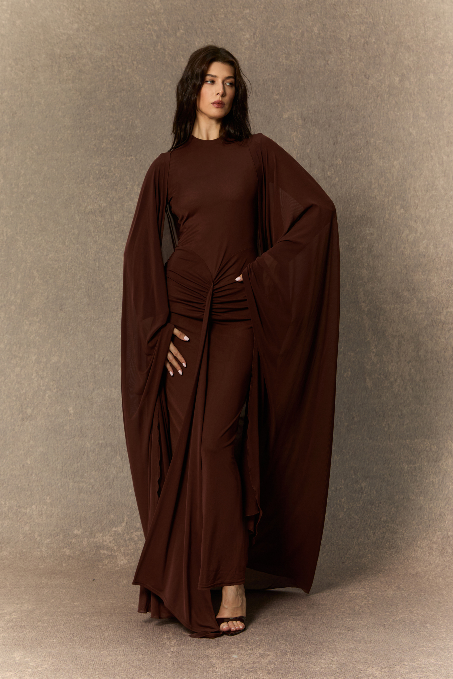 Alexis Long Sleeve Draped Cape Maxi Dress-purelyfable