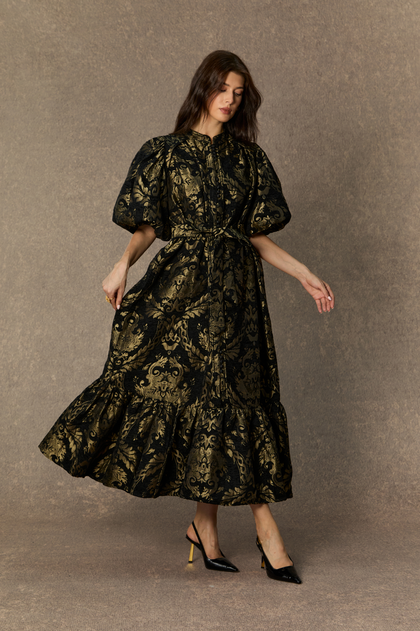 Vintage Luxe Black Gold Foil Puff Sleeve Midi Dress-purelyfable