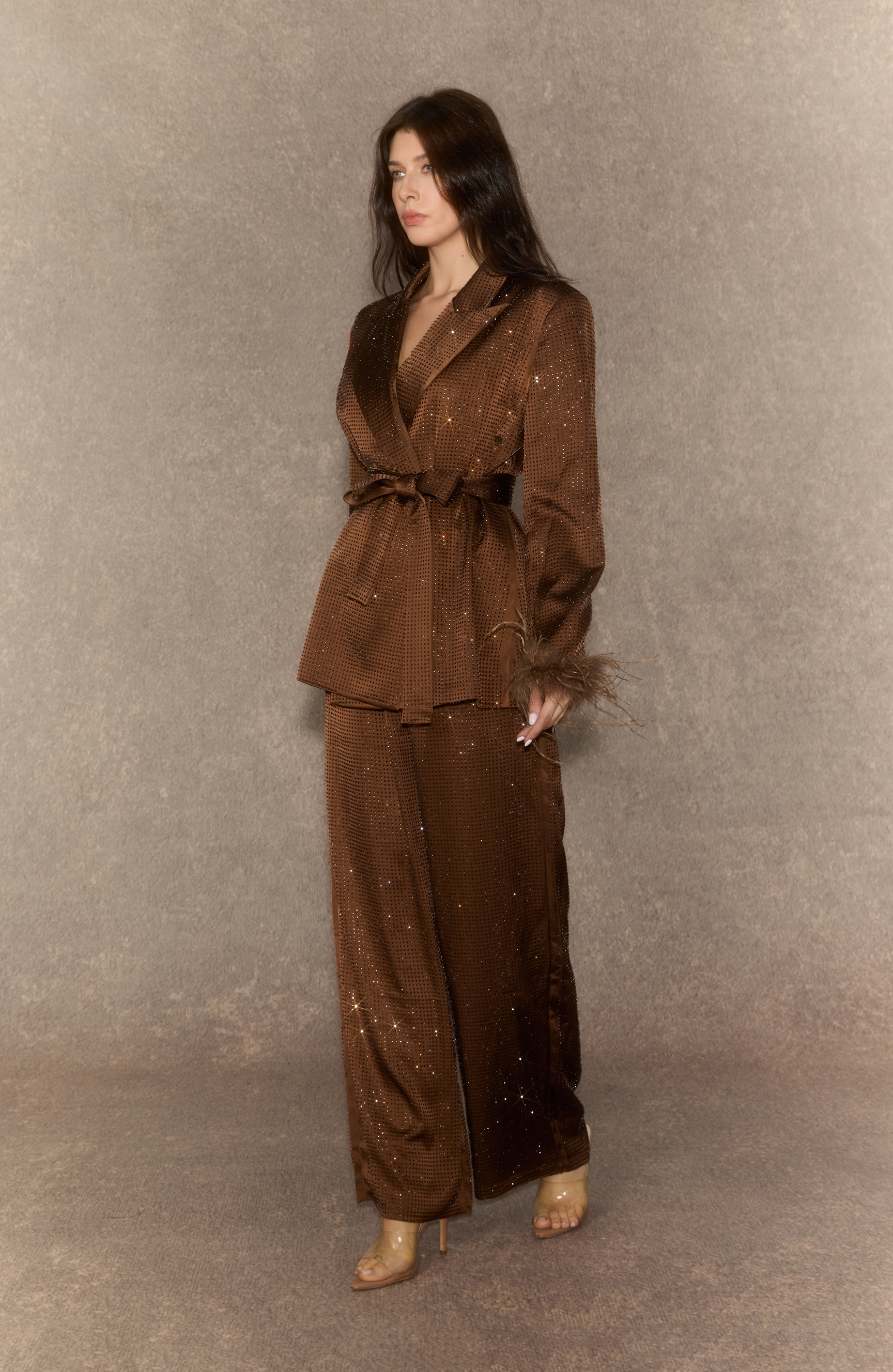 Suave Presence Brown Diamond Blazer & Wide Leg Pants Set-purelyfable