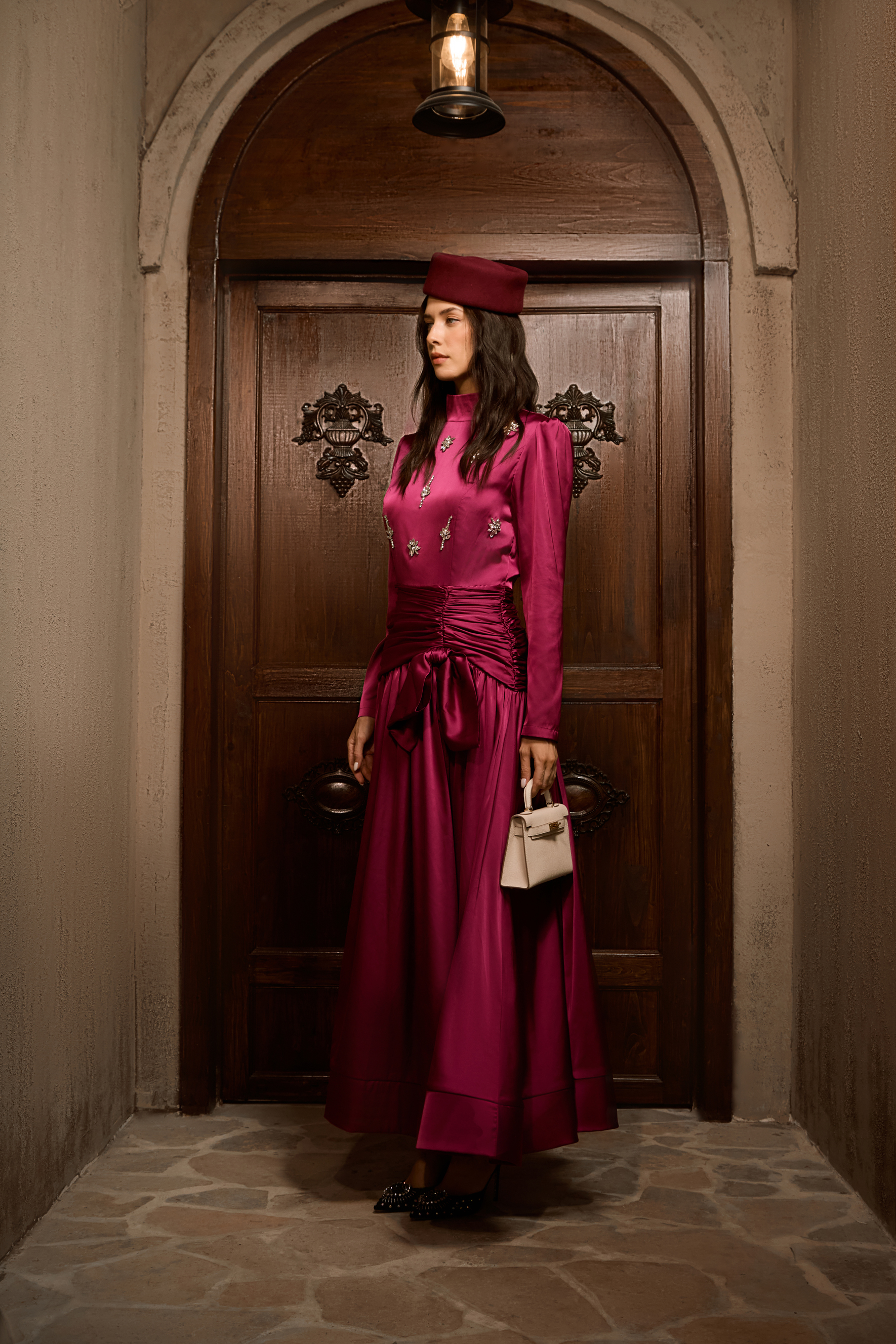 Flirtation Hour Burgundy Diamante Ruched Maxi Dress-purelyfable