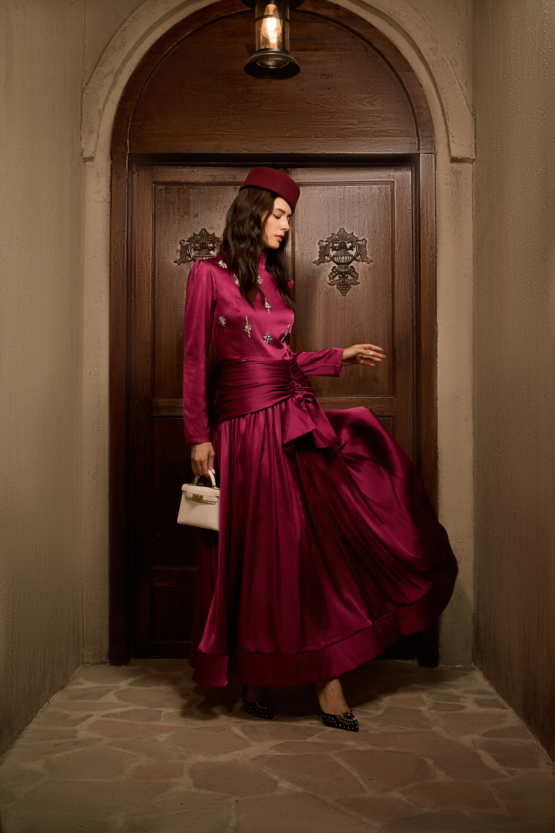 Flirtation Hour Burgundy Diamante Ruched Maxi Dress-purelyfable