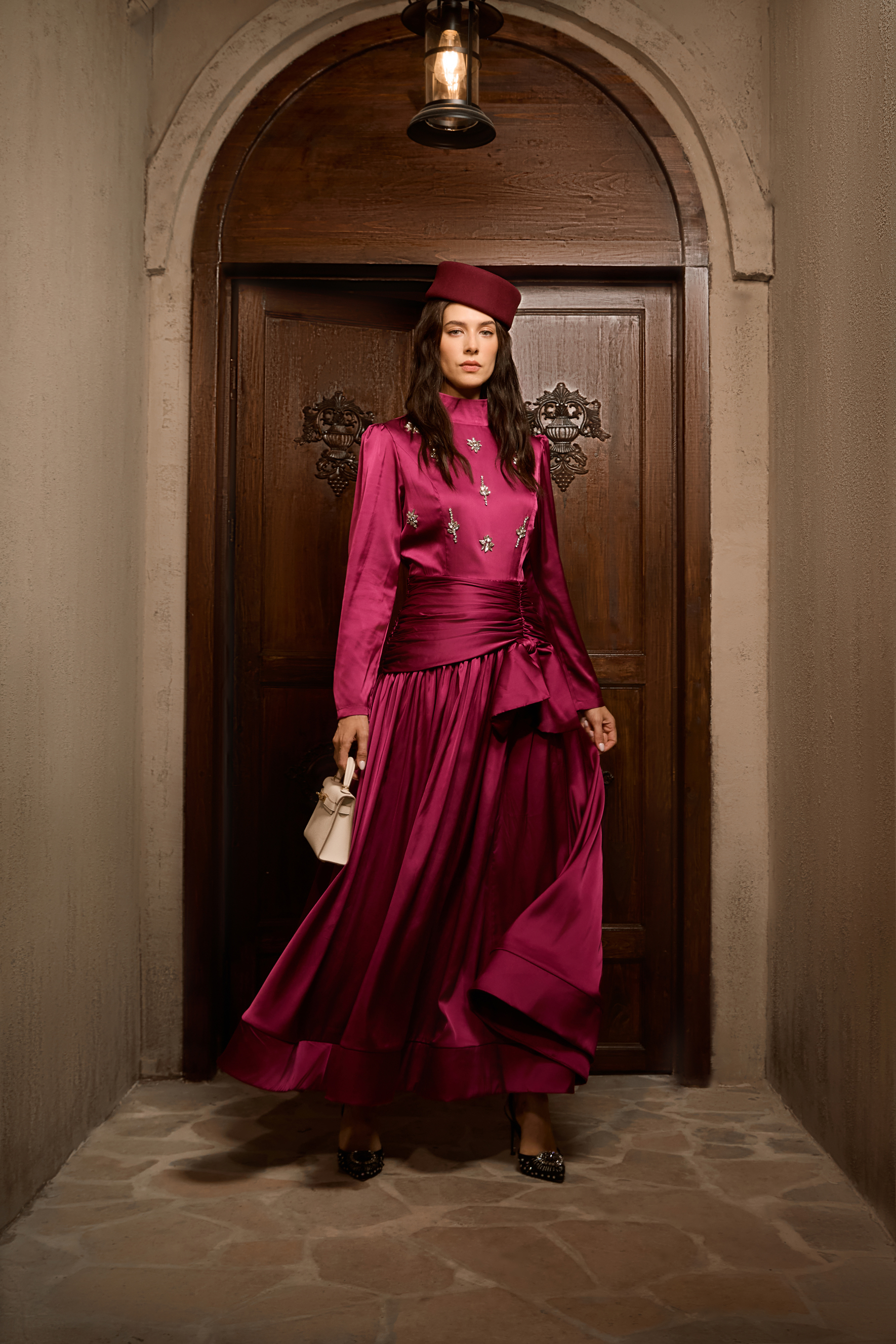 Flirtation Hour Burgundy Diamante Ruched Maxi Dress-purelyfable