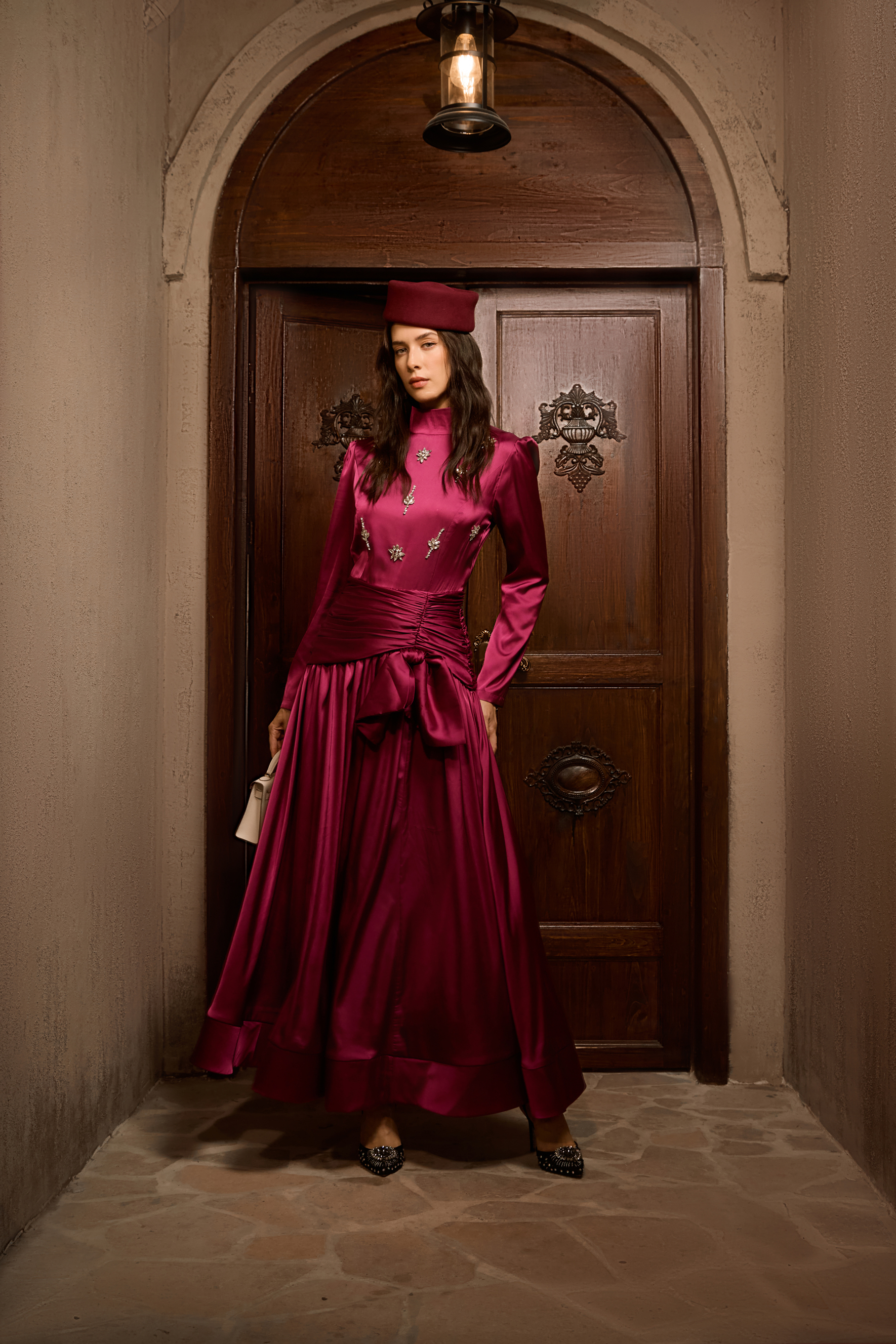 Flirtation Hour Burgundy Diamante Ruched Maxi Dress-purelyfable