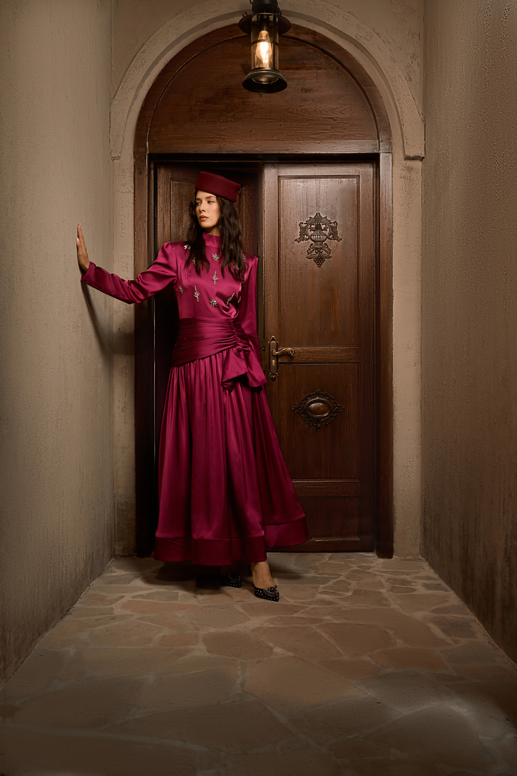 Flirtation Hour Burgundy Diamante Ruched Maxi Dress-purelyfable