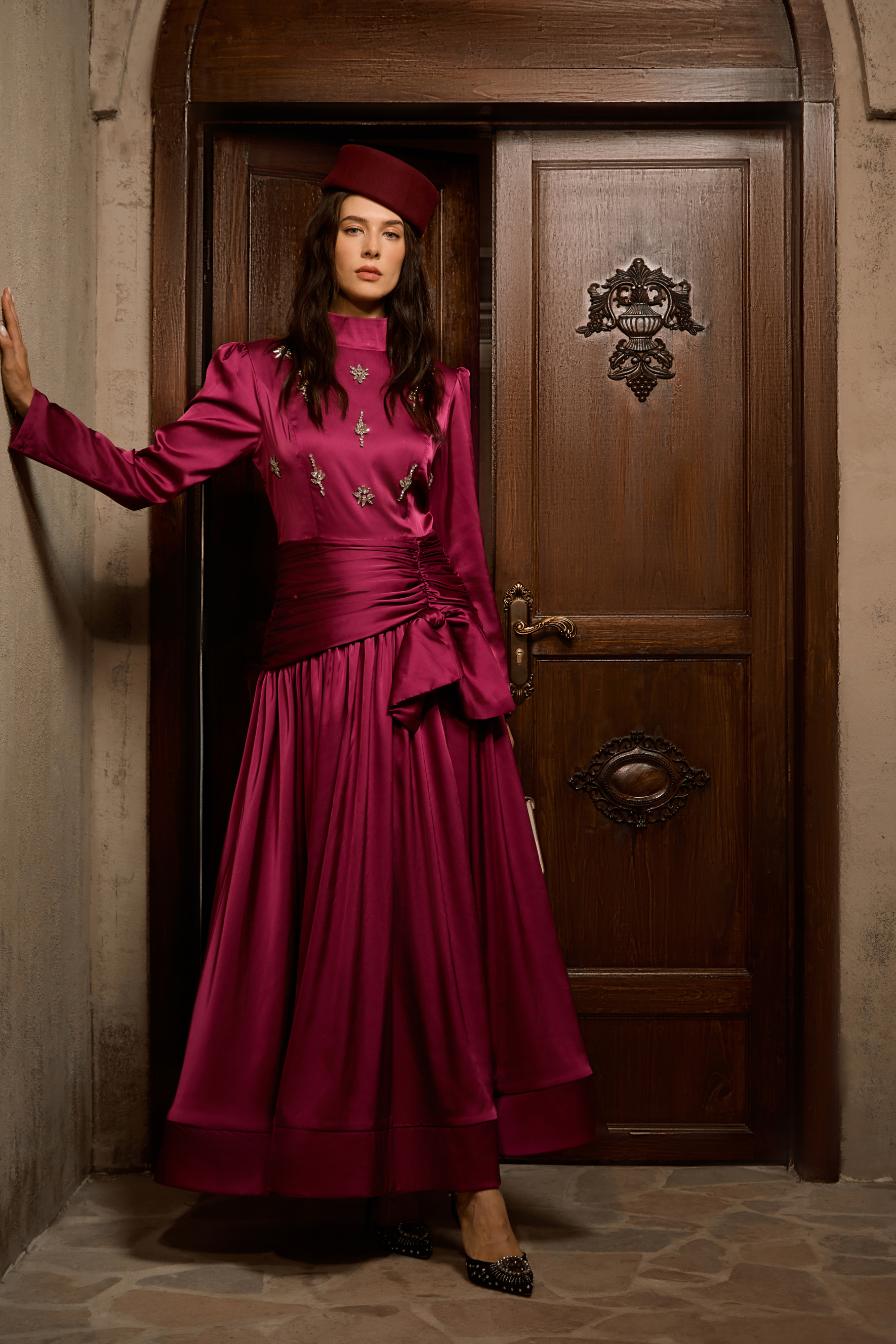 Flirtation Hour Burgundy Diamante Ruched Maxi Dress-purelyfable