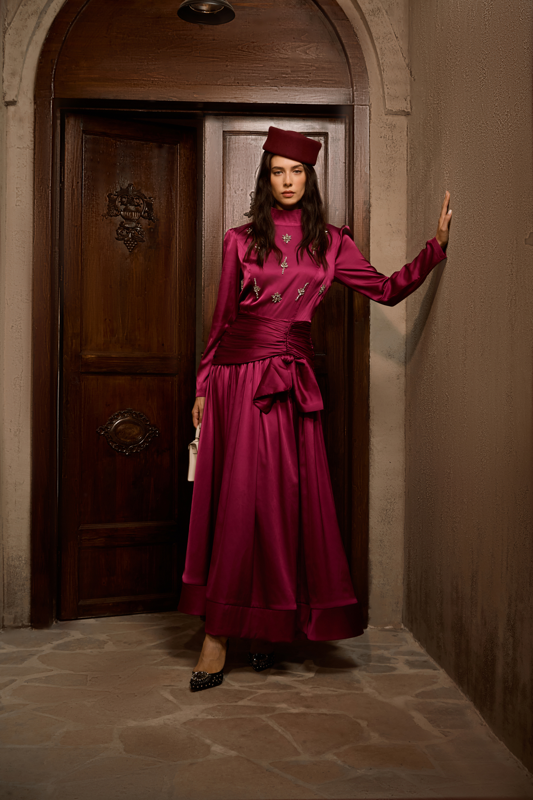 Flirtation Hour Burgundy Diamante Ruched Maxi Dress-purelyfable