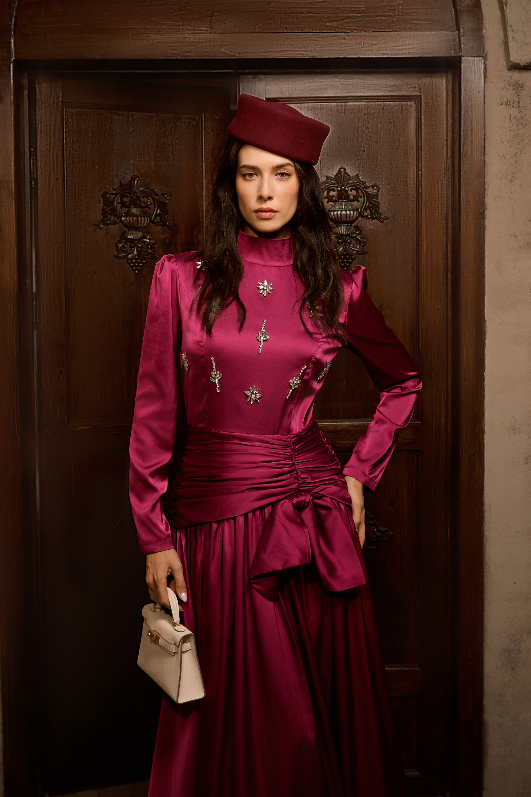 Flirtation Hour Burgundy Diamante Ruched Maxi Dress-purelyfable