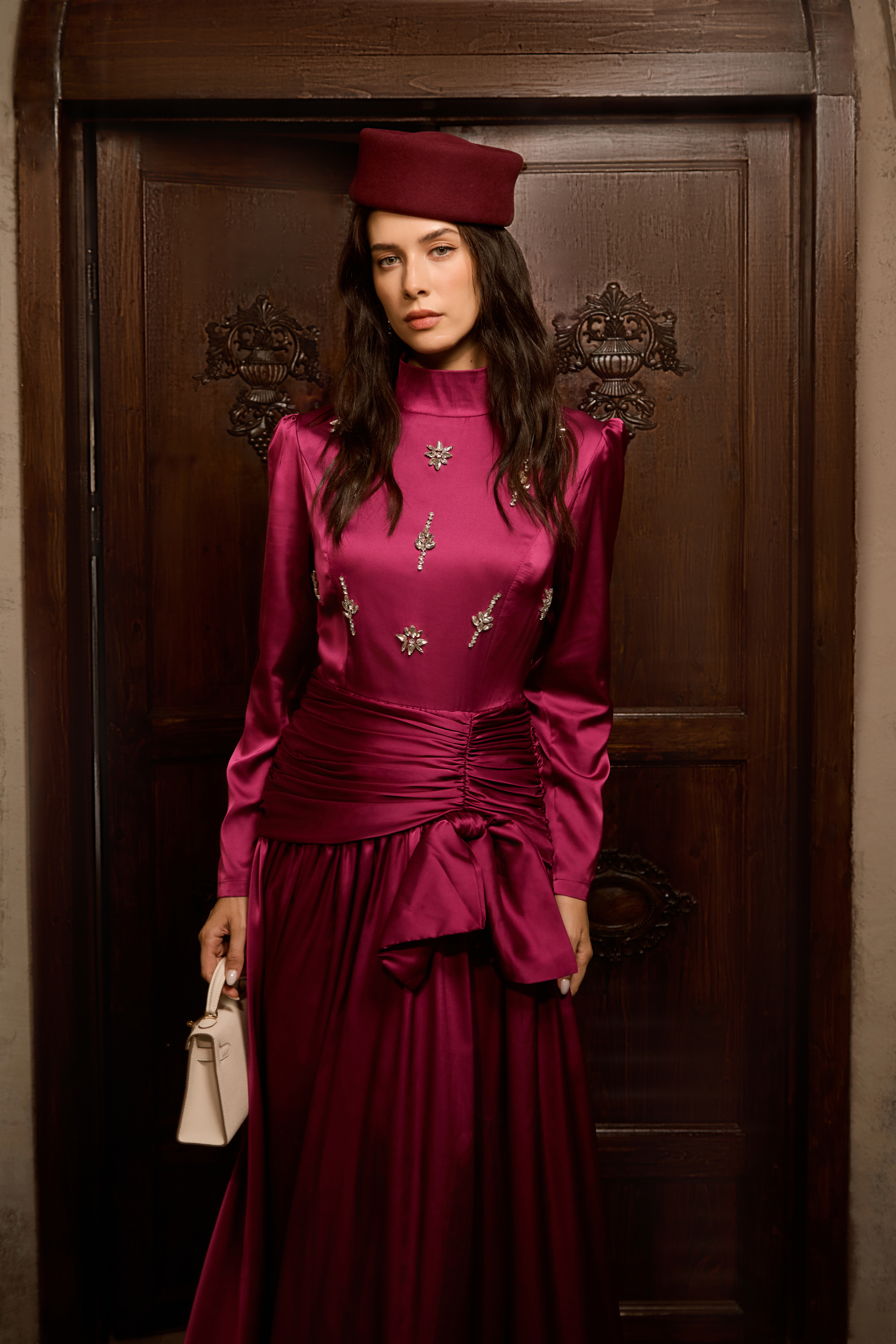 Flirtation Hour Burgundy Diamante Ruched Maxi Dress-purelyfable