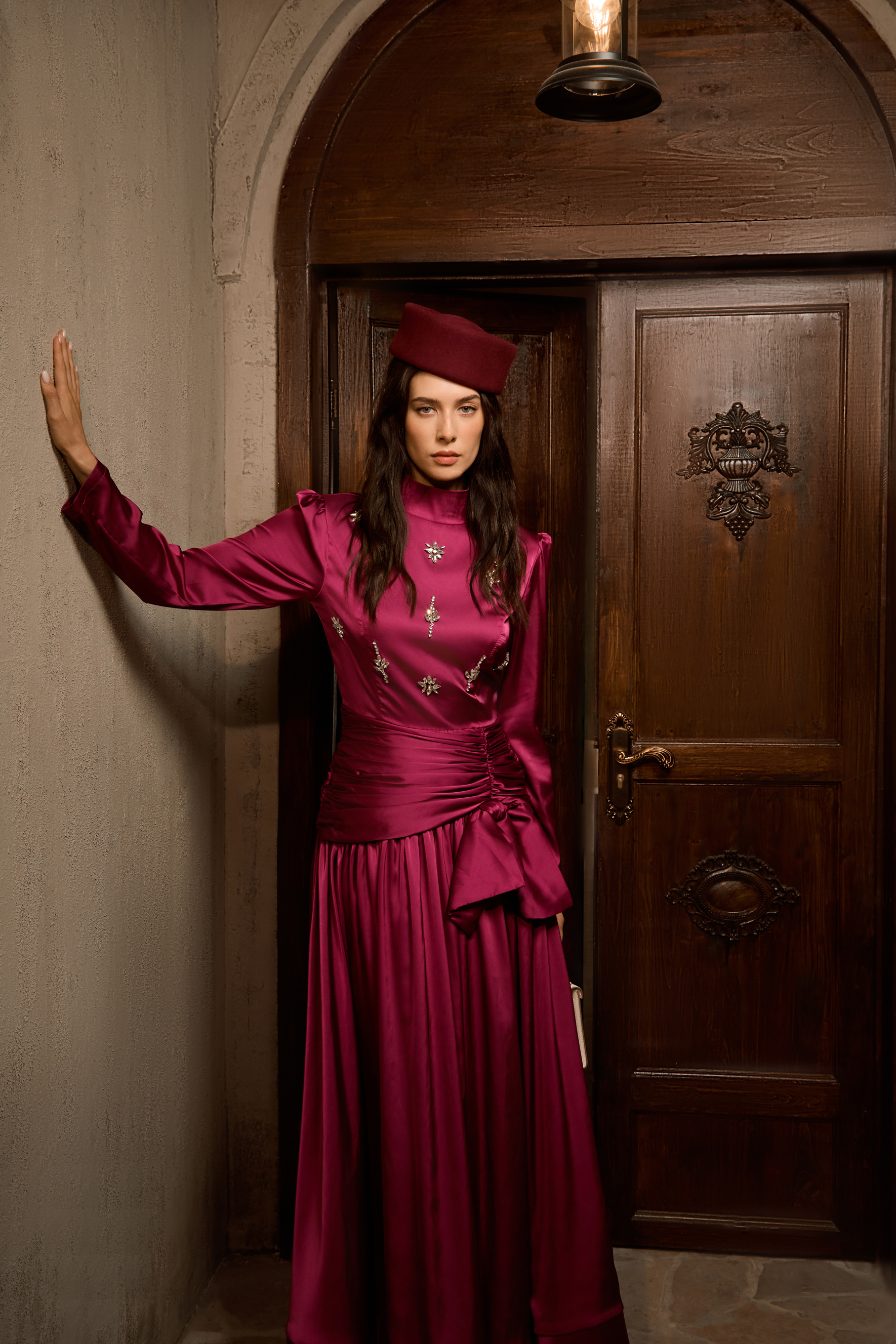Flirtation Hour Burgundy Diamante Ruched Maxi Dress-purelyfable