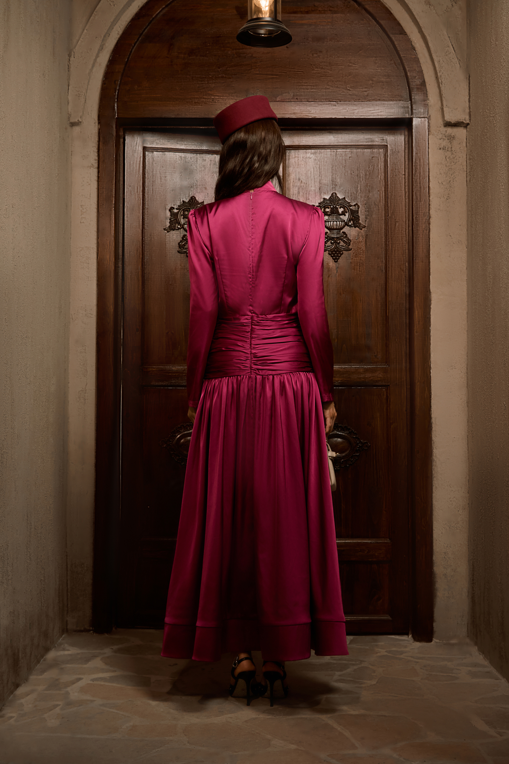 Flirtation Hour Burgundy Diamante Ruched Maxi Dress-purelyfable