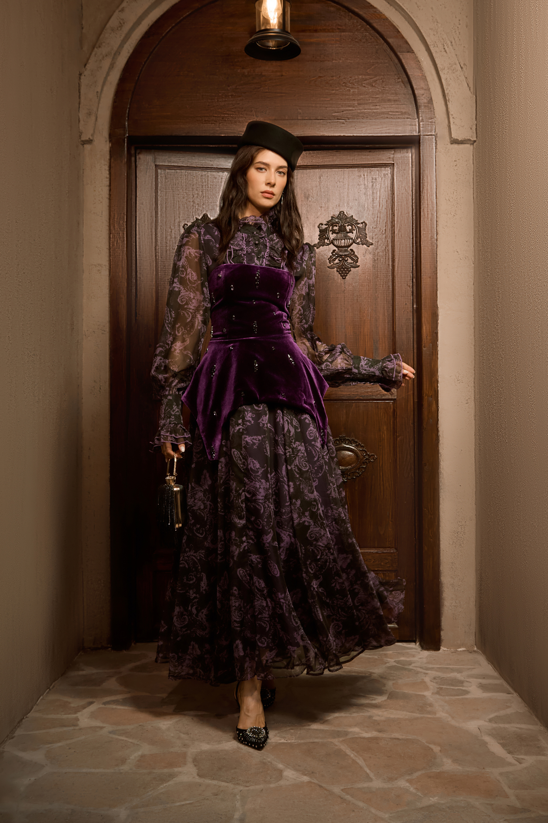 Mystique Beauty Purple Floral Print Velvet Maxi Dress-purelyfable