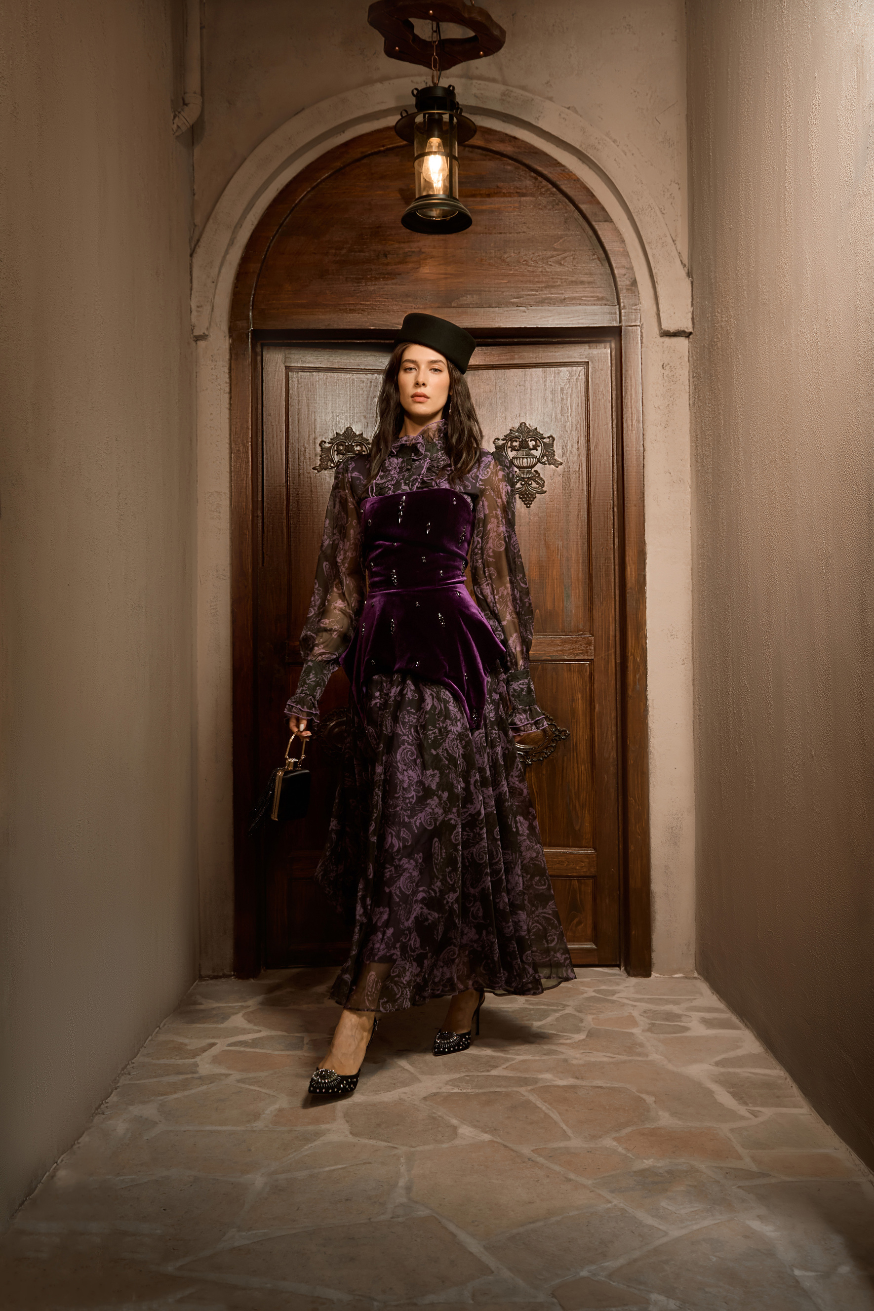 Mystique Beauty Purple Floral Print Velvet Maxi Dress-purelyfable