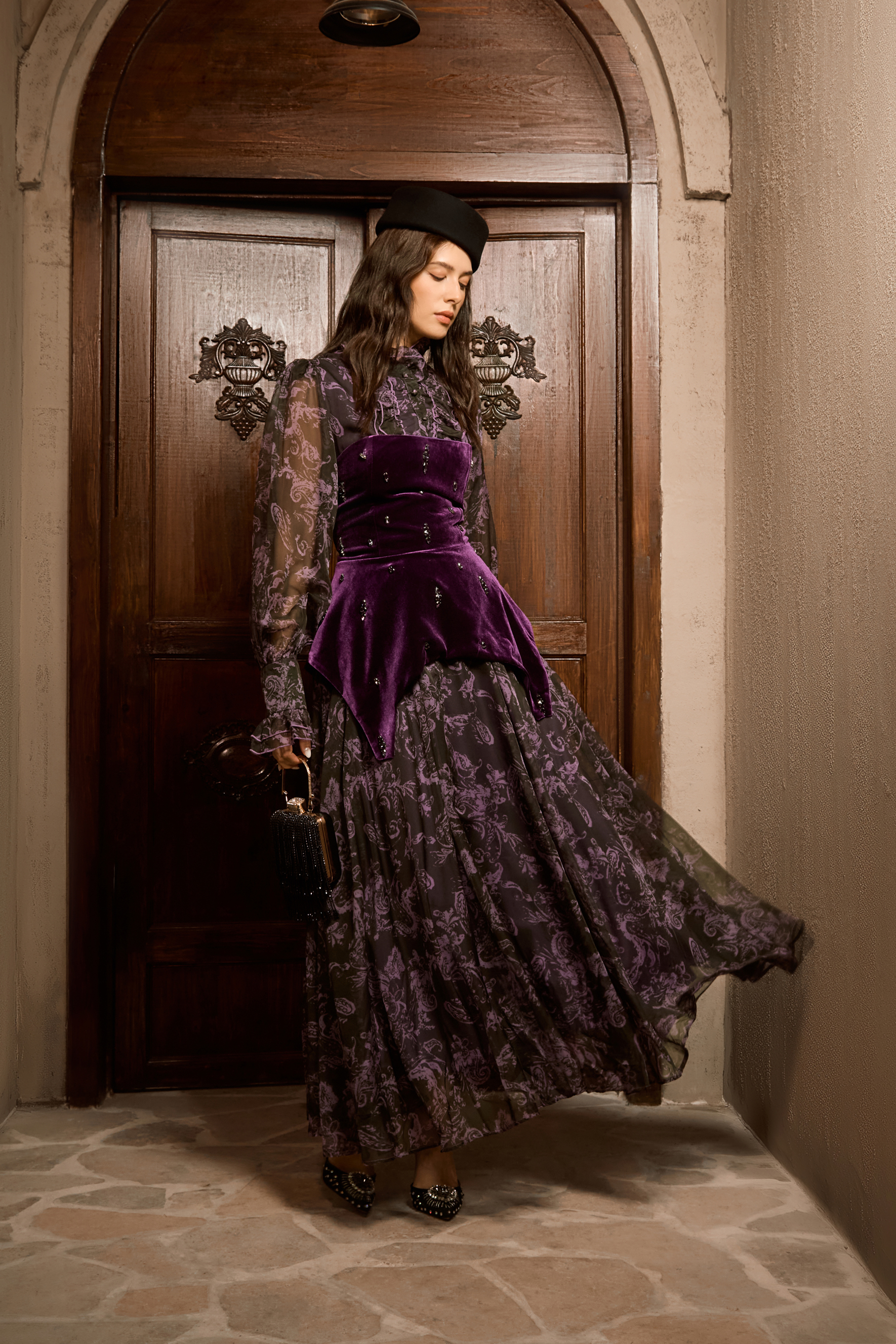 Mystique Beauty Purple Floral Print Velvet Maxi Dress-purelyfable