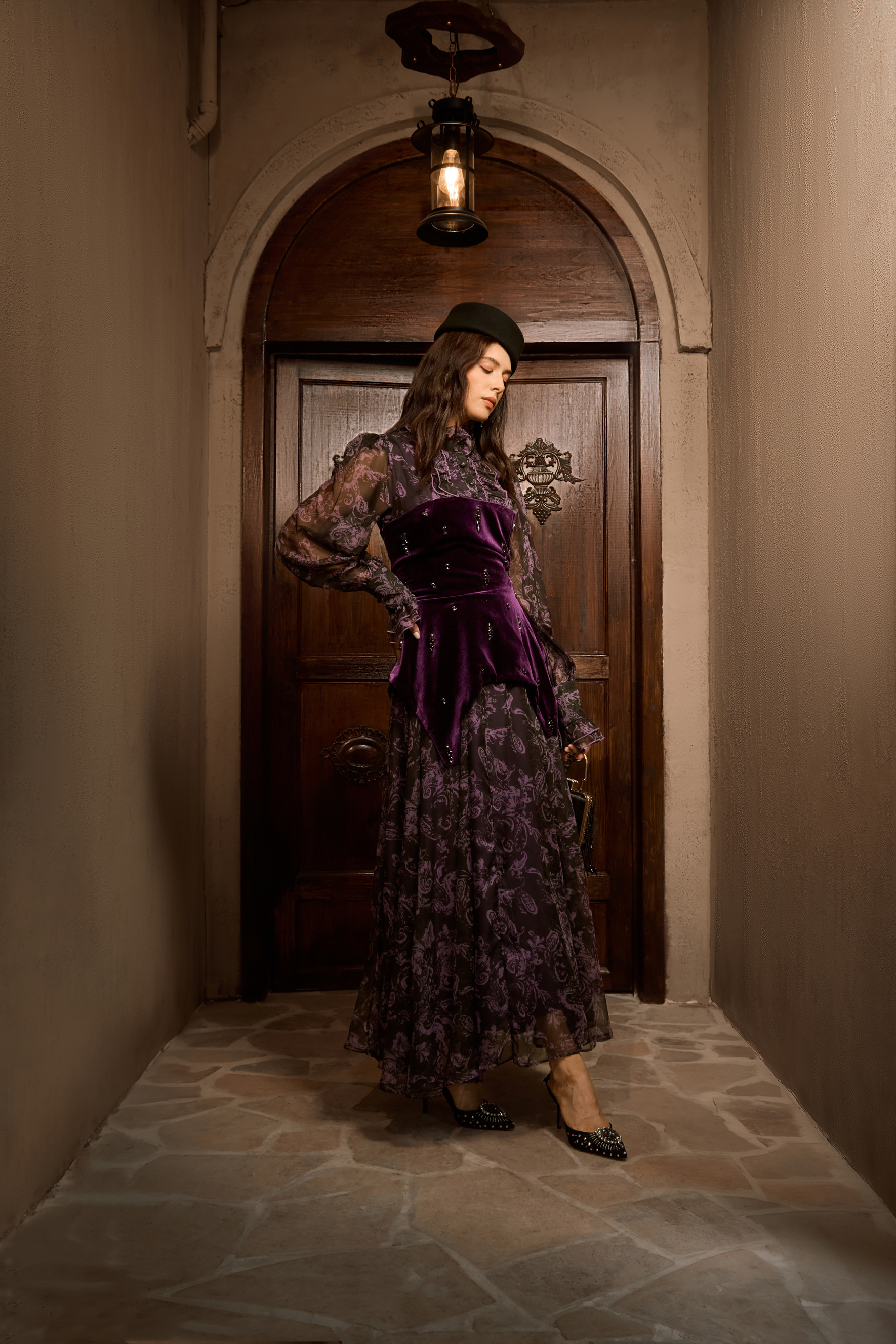 Mystique Beauty Purple Floral Print Velvet Maxi Dress-purelyfable