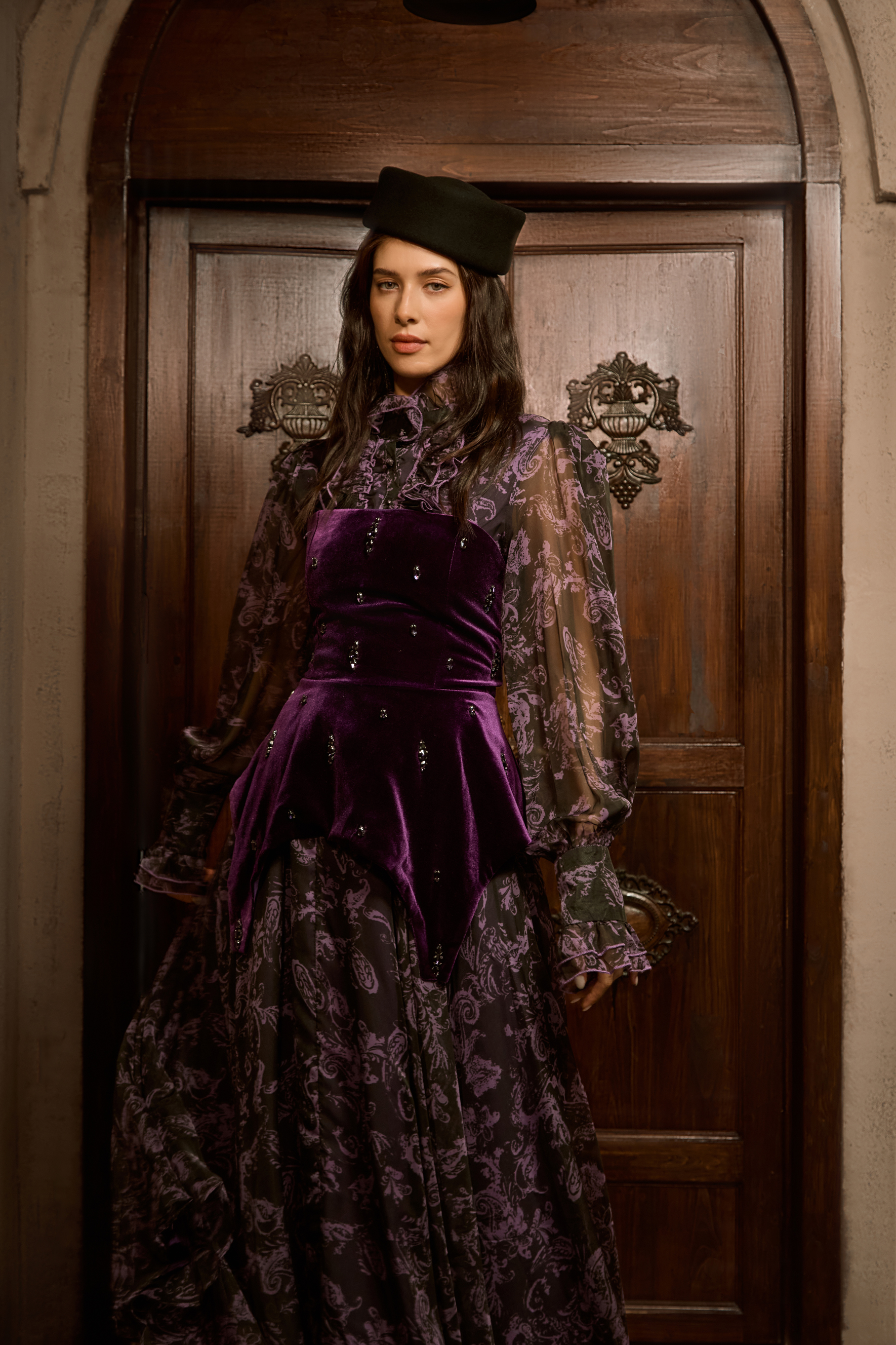 Mystique Beauty Purple Floral Print Velvet Maxi Dress-purelyfable