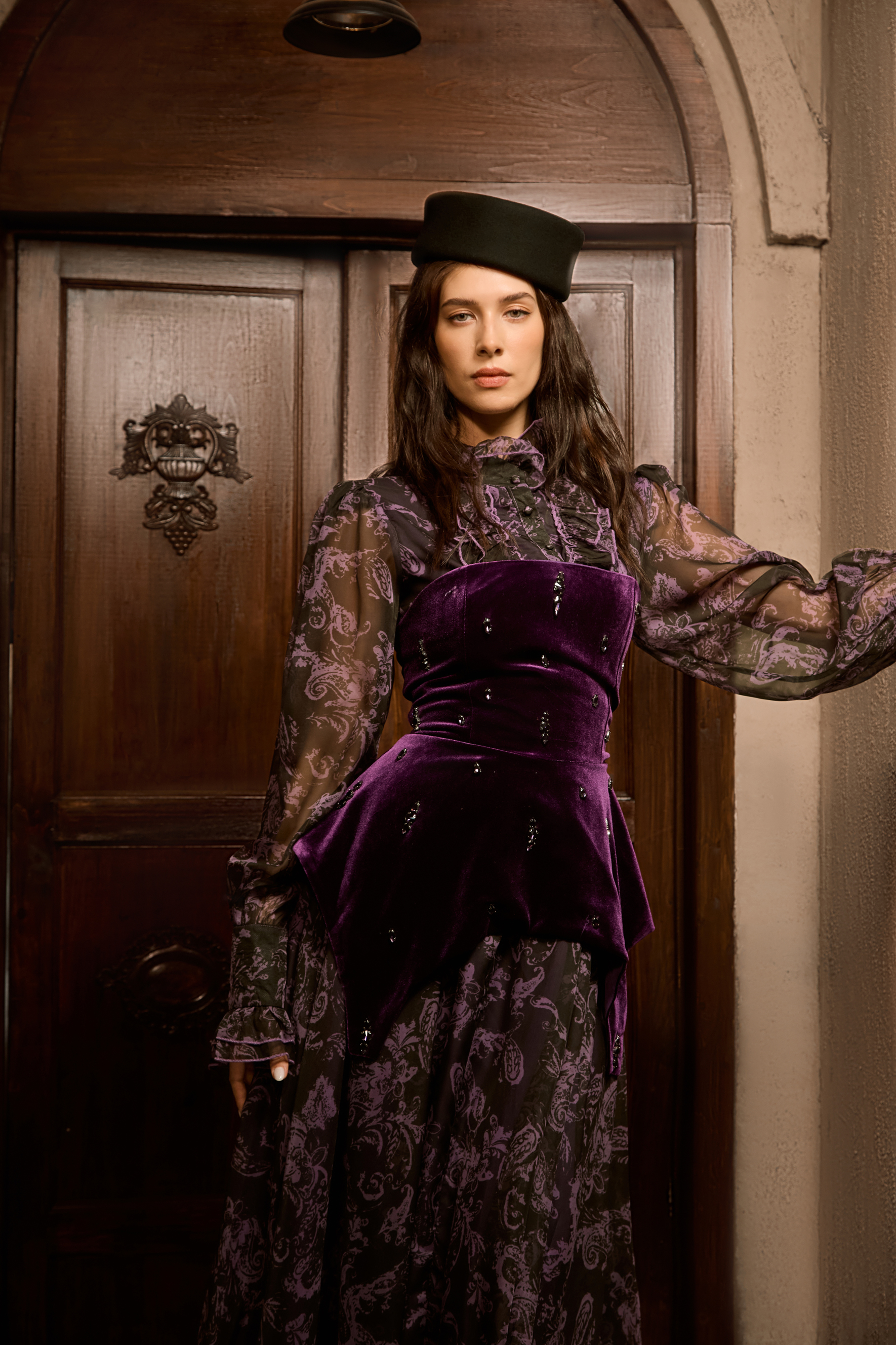 Mystique Beauty Purple Floral Print Velvet Maxi Dress-purelyfable