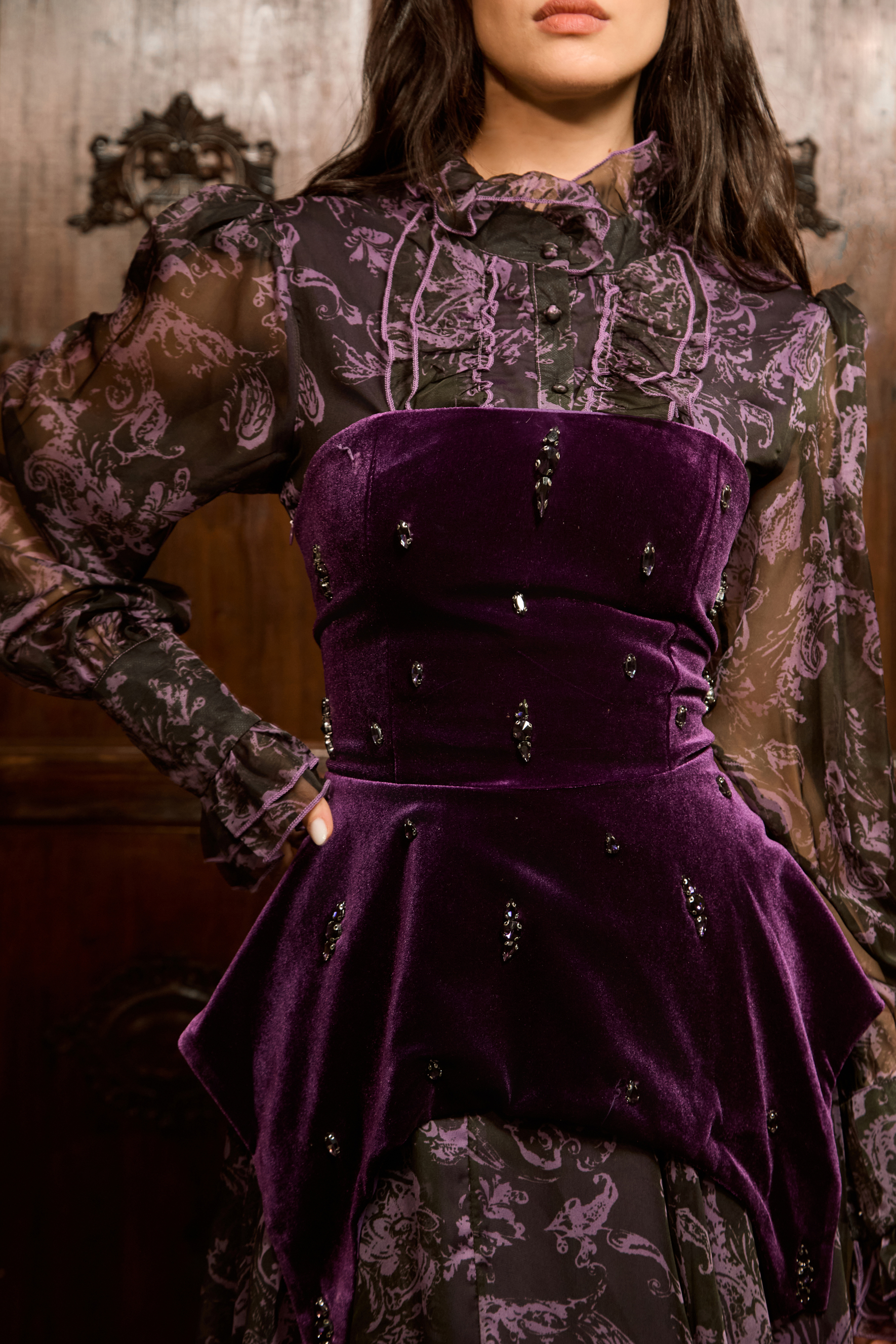 Mystique Beauty Purple Floral Print Velvet Maxi Dress-purelyfable