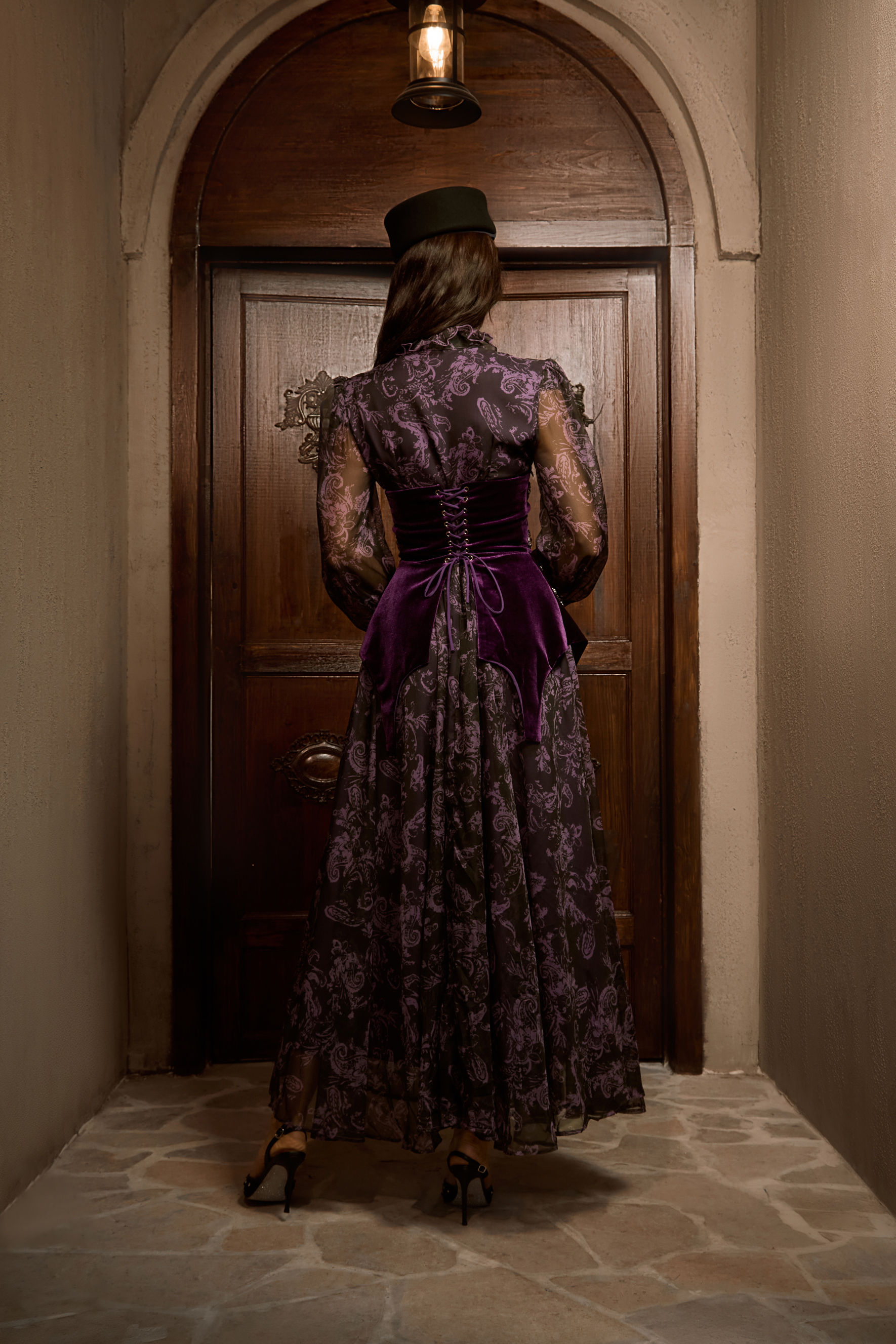 Mystique Beauty Purple Floral Print Velvet Maxi Dress-purelyfable