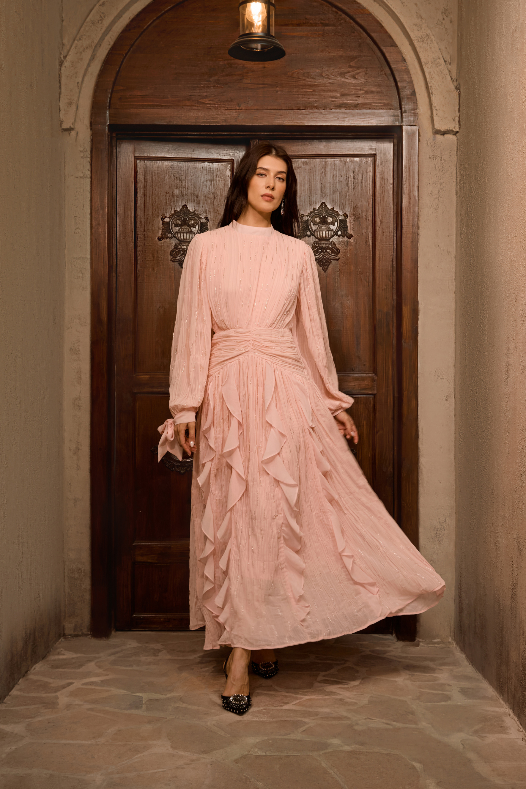 Immaculate Excellence Pink Ruffled Maxi Dress-purelyfable