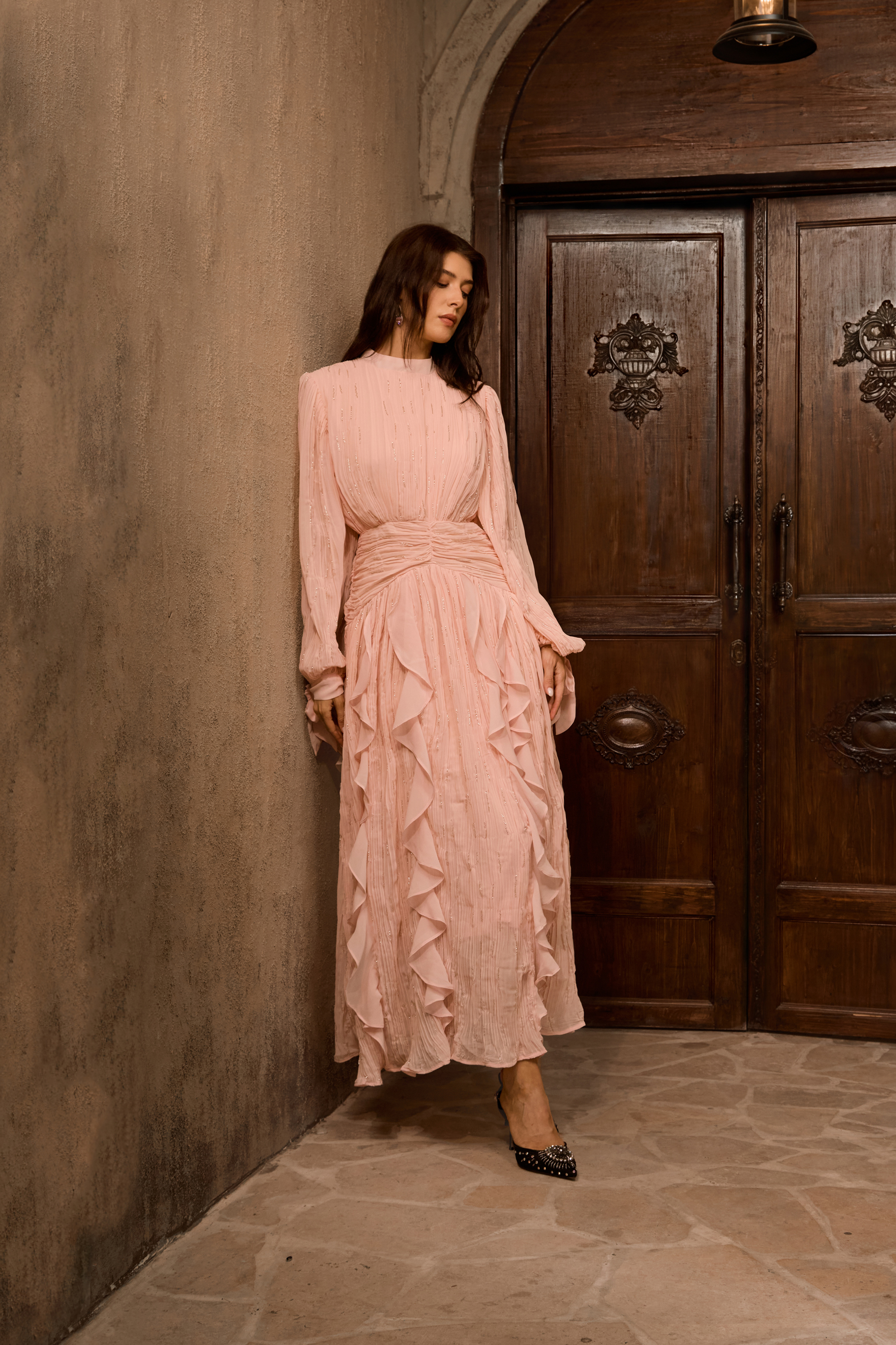 Immaculate Excellence Pink Ruffled Maxi Dress-purelyfable
