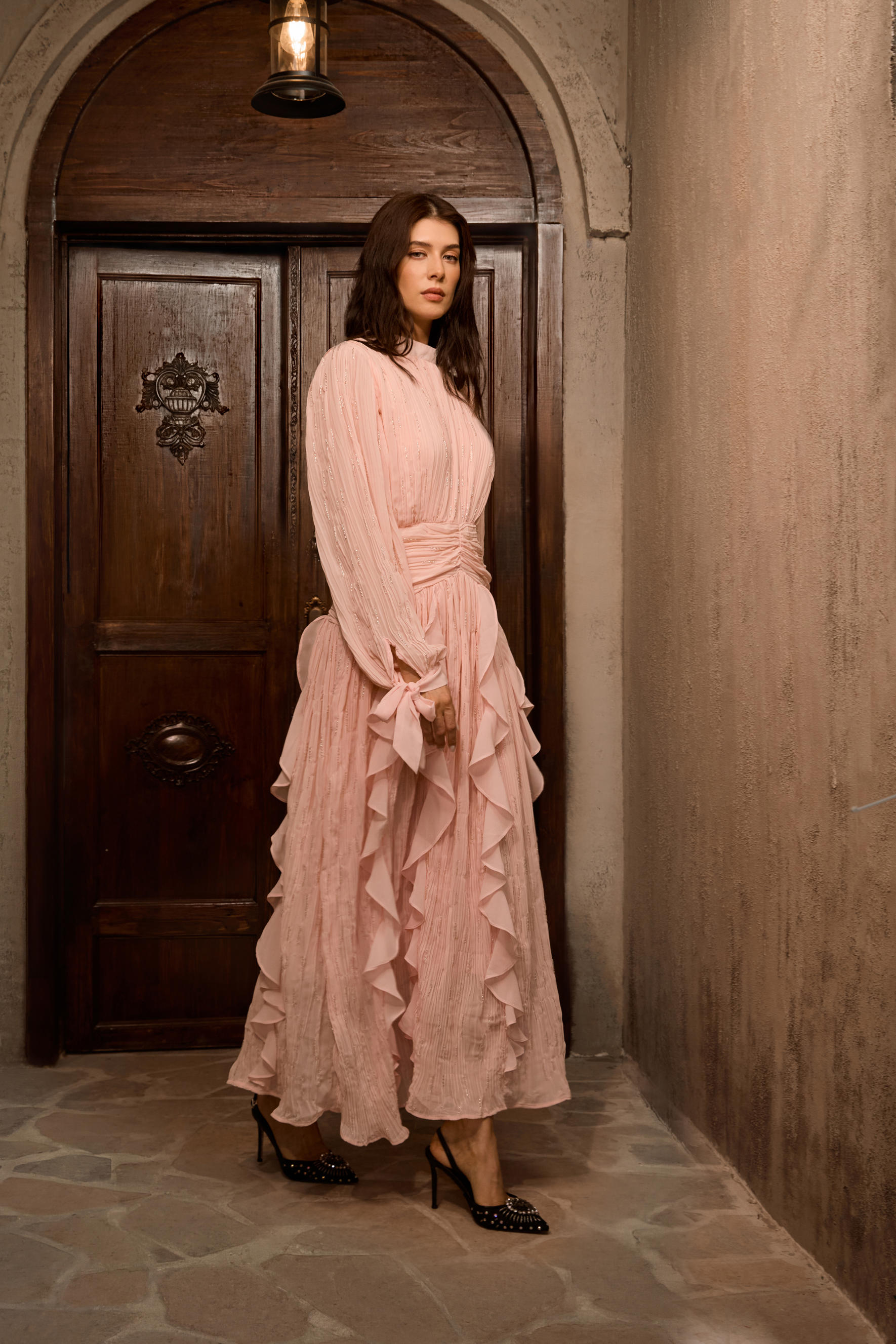 Immaculate Excellence Pink Ruffled Maxi Dress-purelyfable