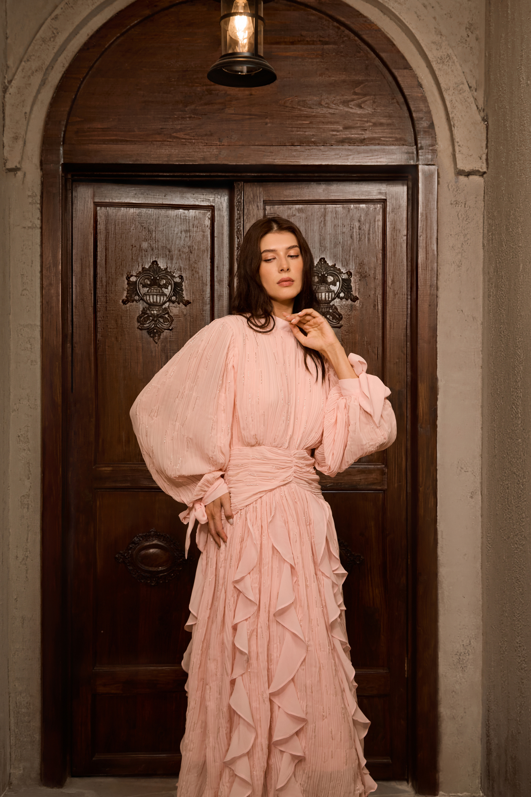 Immaculate Excellence Pink Ruffled Maxi Dress-purelyfable