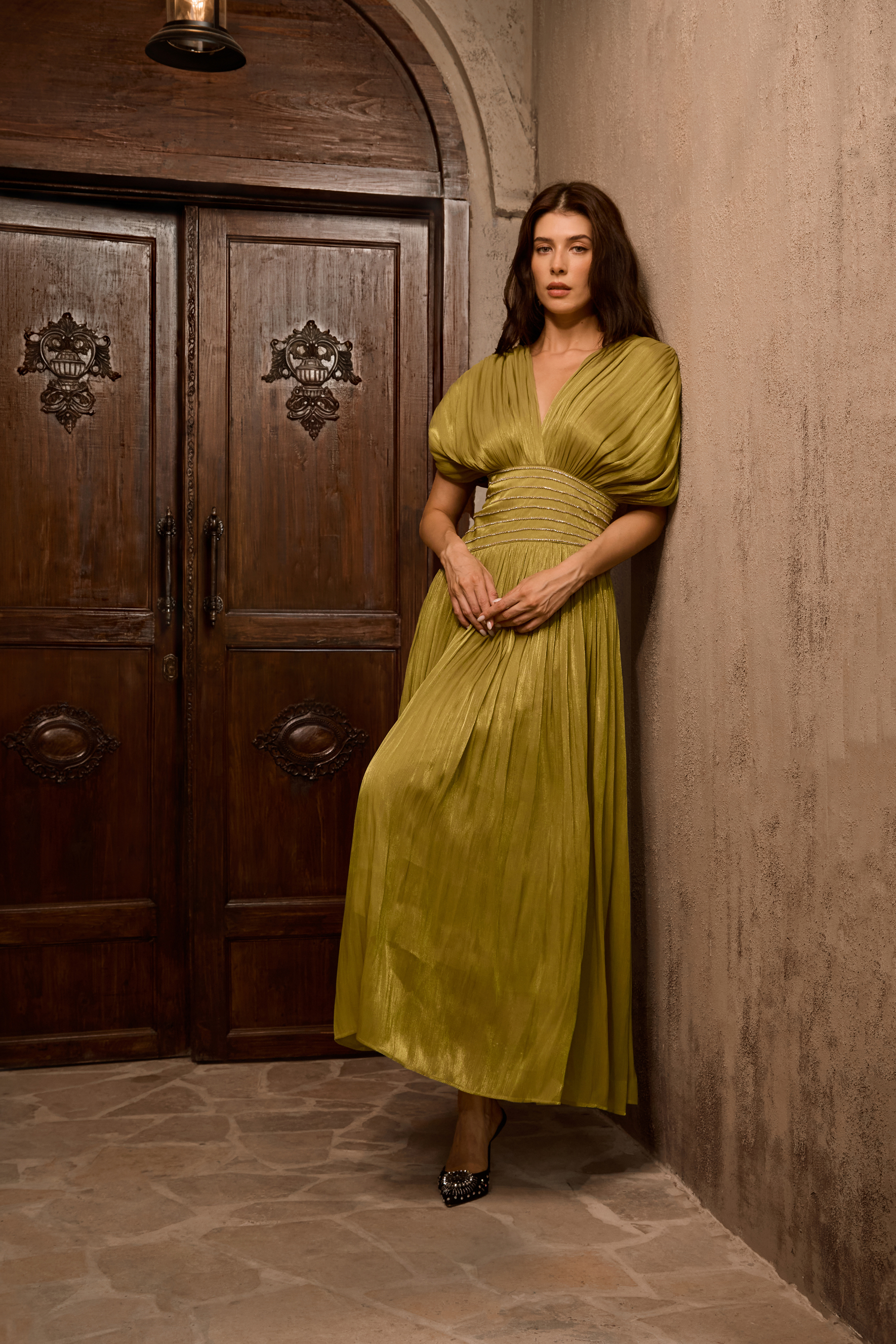 Flattering Forecast Olive V-neck Embellished Maxi Dress-purelyfable