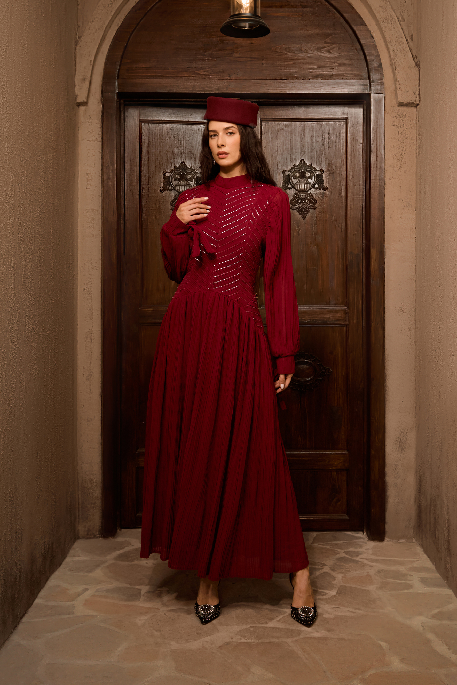 Nightfall Chic Burgundy Beaded Chevron Pleated Maxi Dress-purelyfable