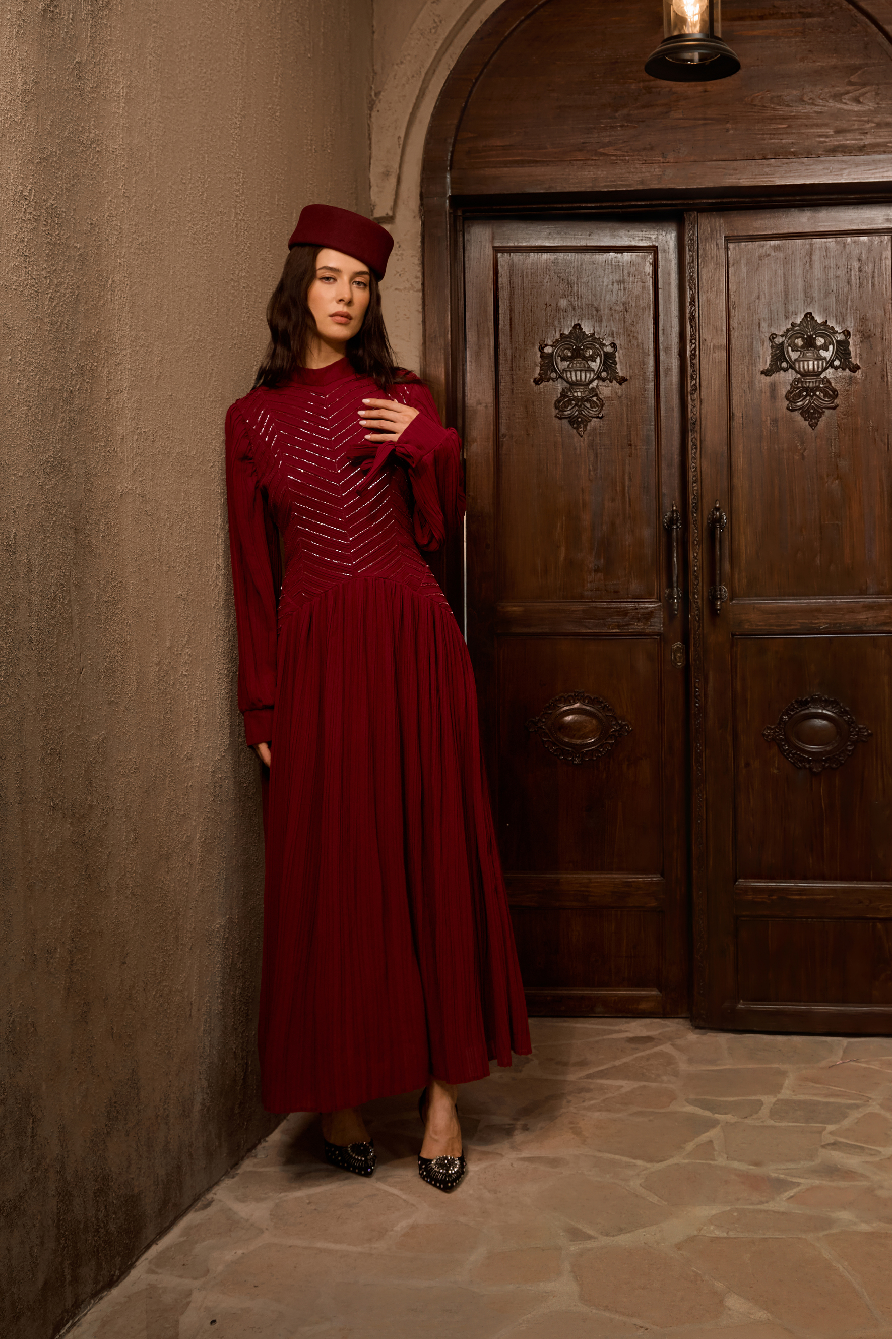 Nightfall Chic Burgundy Beaded Chevron Pleated Maxi Dress-purelyfable