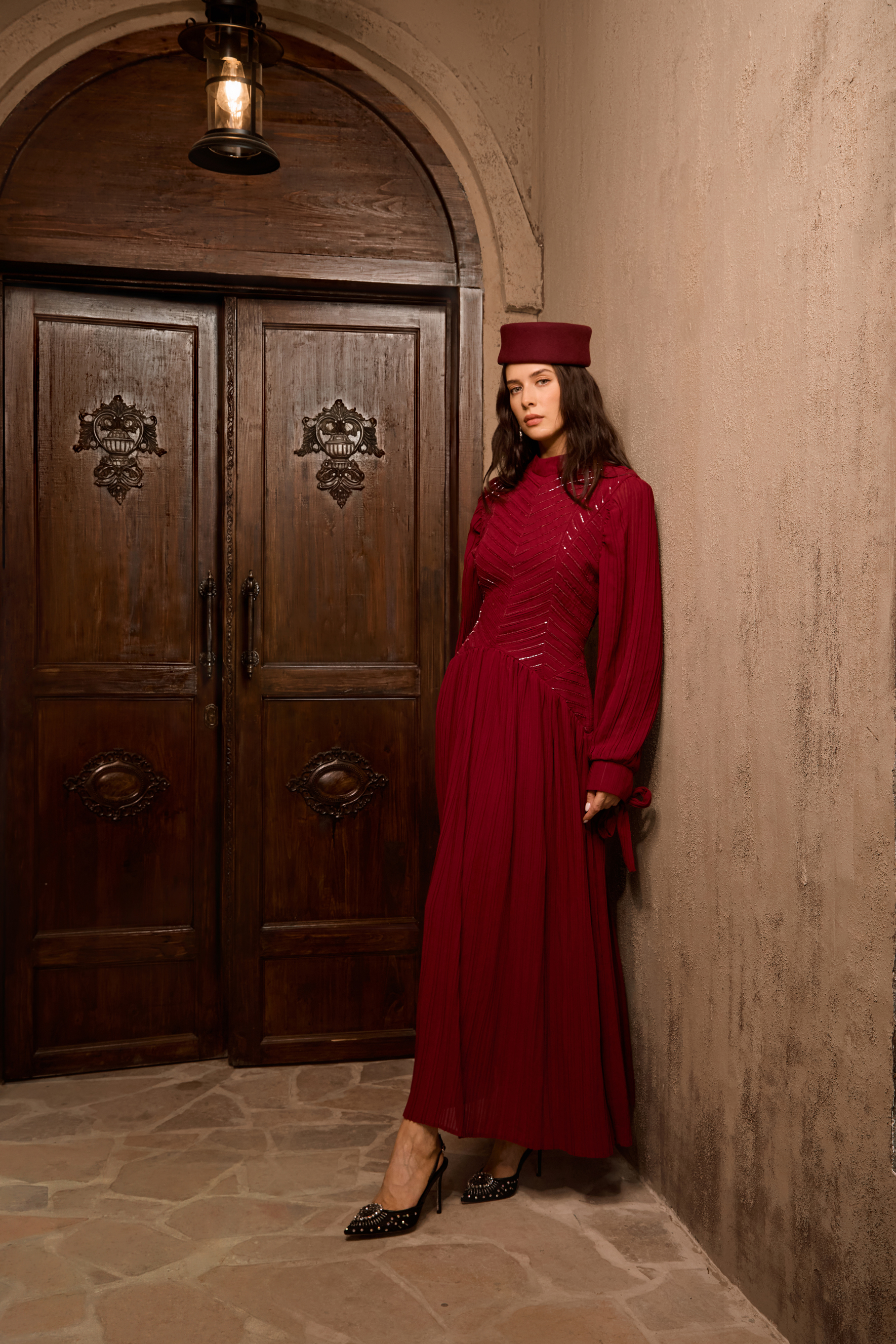 Nightfall Chic Burgundy Beaded Chevron Pleated Maxi Dress-purelyfable