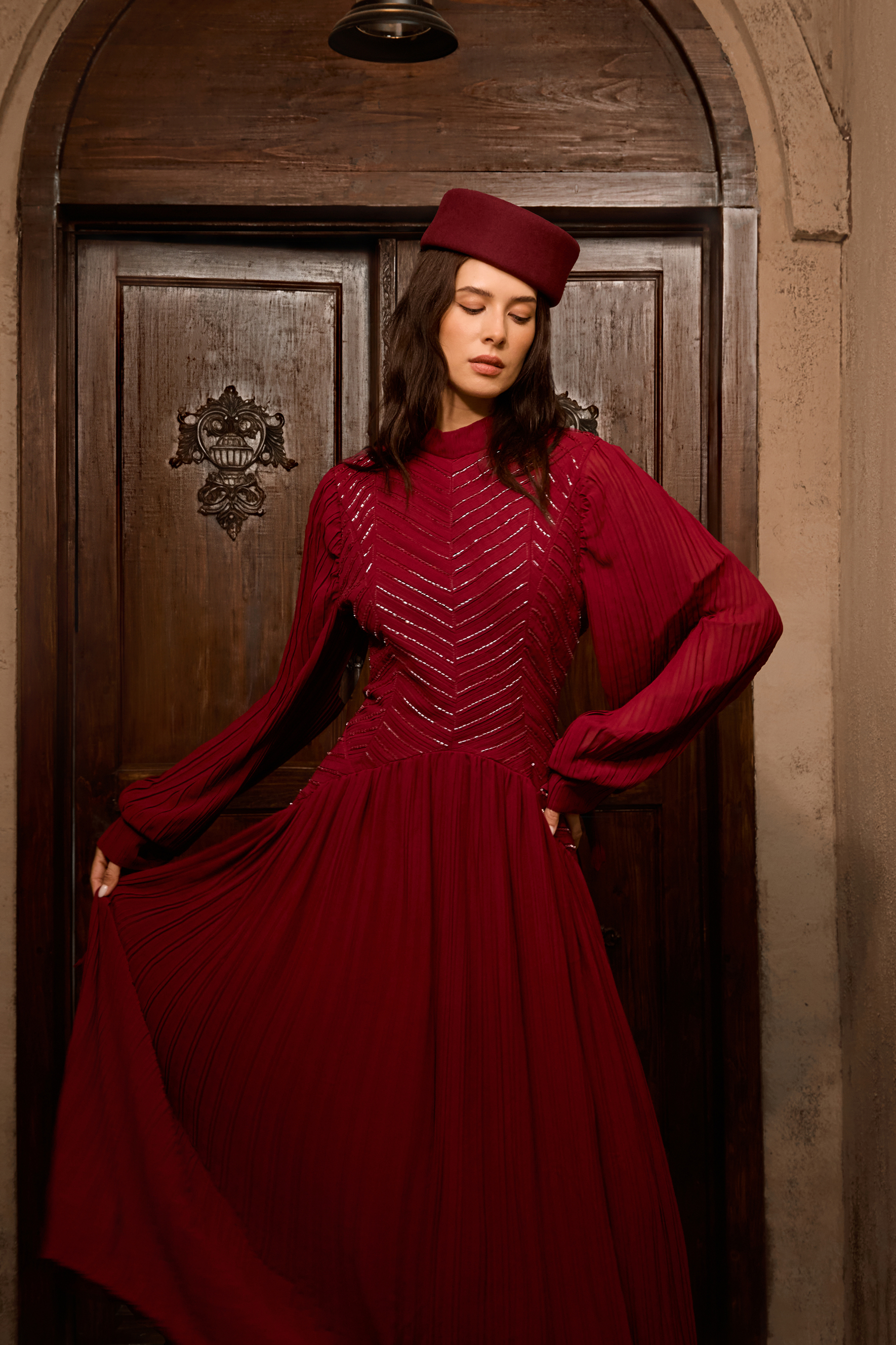 Nightfall Chic Burgundy Beaded Chevron Pleated Maxi Dress-purelyfable