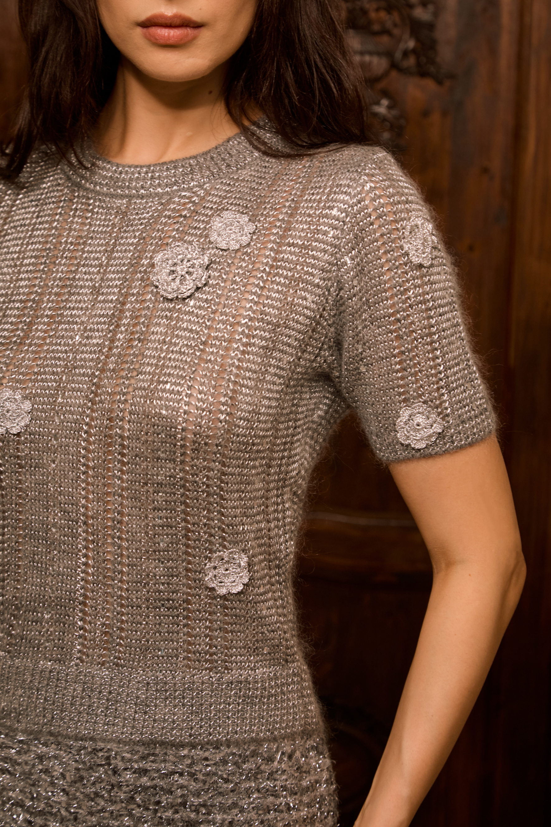 The Lovely Life Grey Floral Applique Short Sleeve Knit Top-purelyfable