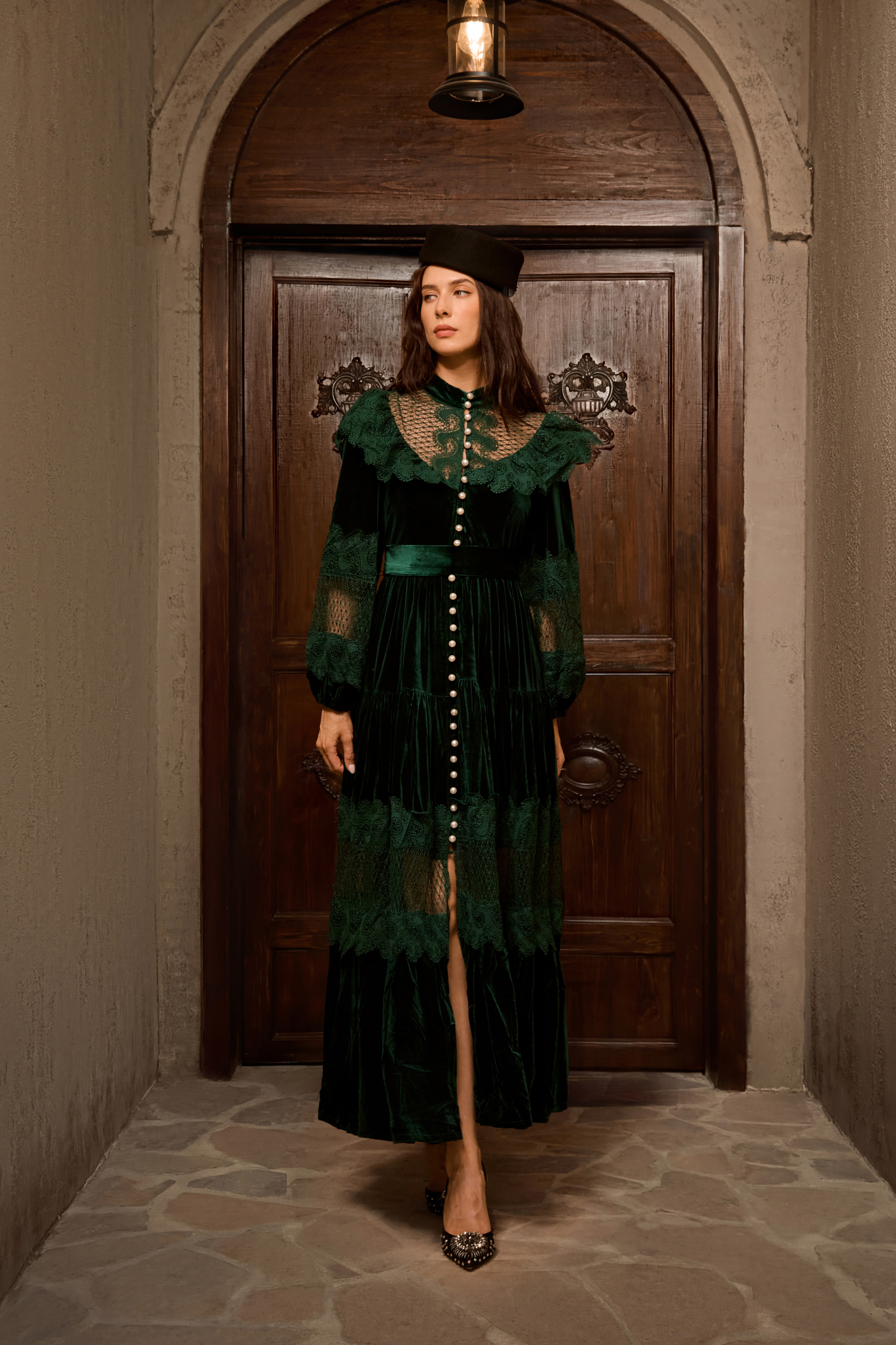 Precious Impression Dark Green Velvet Lace Panel Maxi Dress-purelyfable