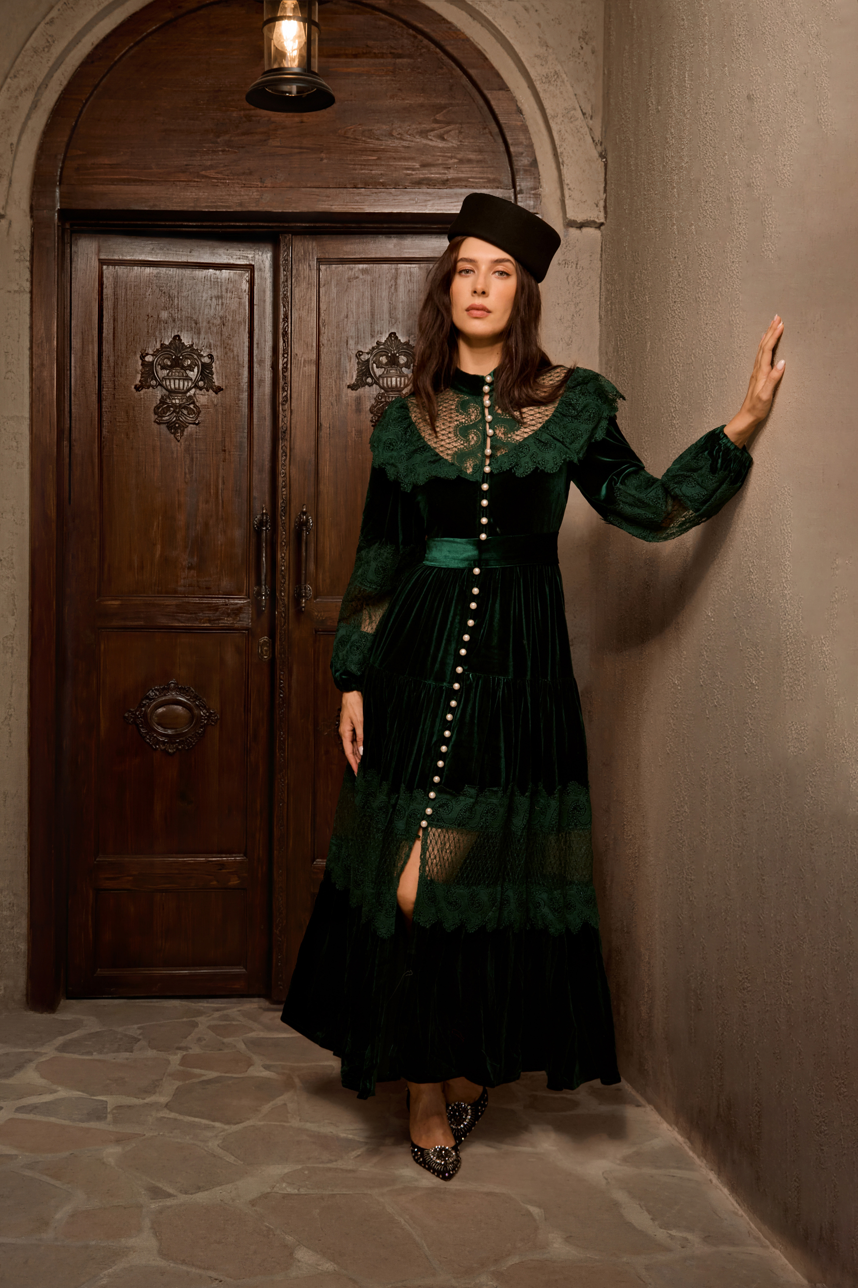 Precious Impression Dark Green Velvet Lace Panel Maxi Dress-purelyfable