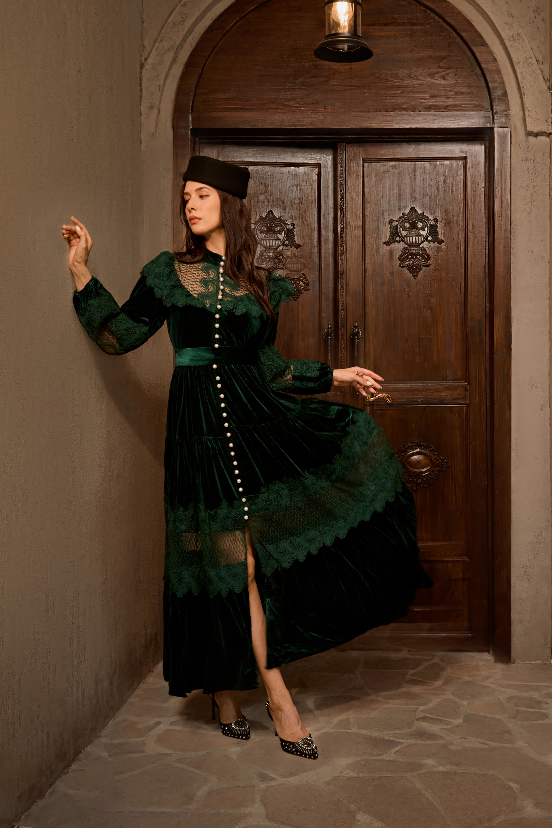 Precious Impression Dark Green Velvet Lace Panel Maxi Dress-purelyfable