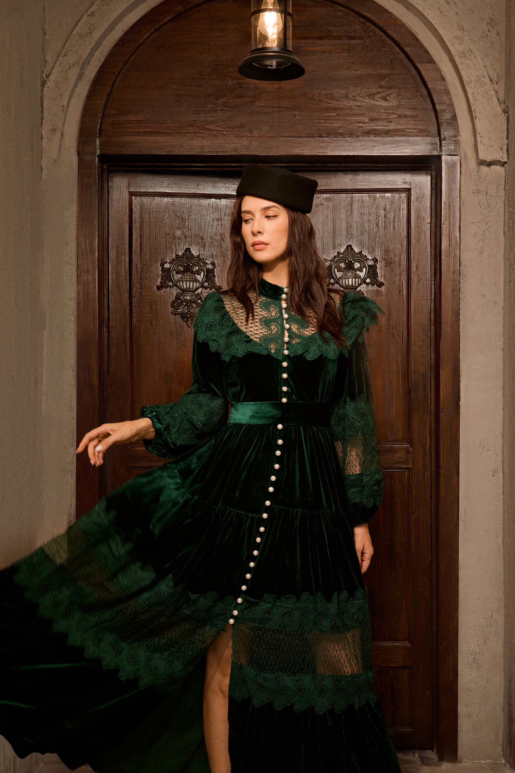 Precious Impression Dark Green Velvet Lace Panel Maxi Dress-purelyfable