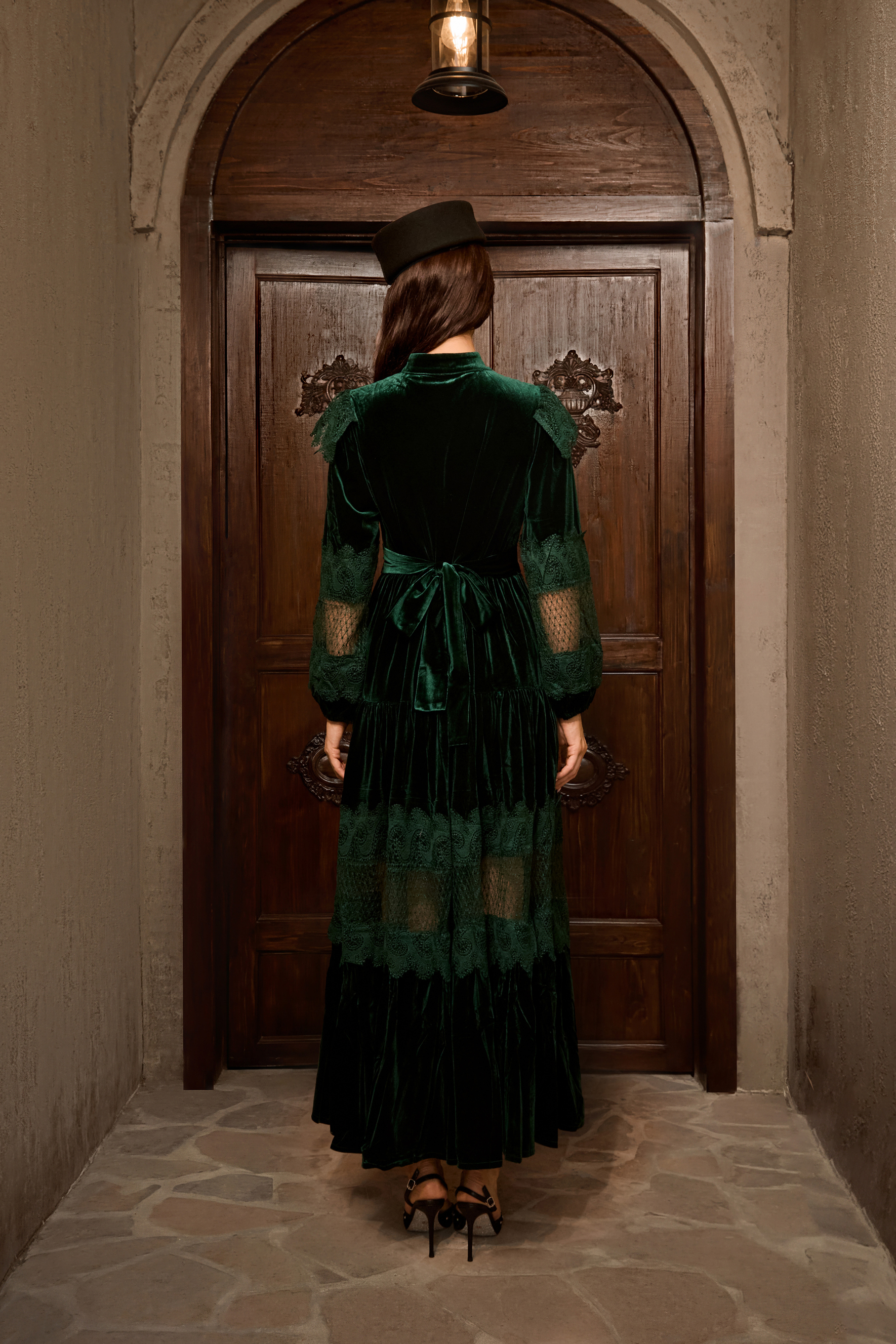 Precious Impression Dark Green Velvet Lace Panel Maxi Dress-purelyfable